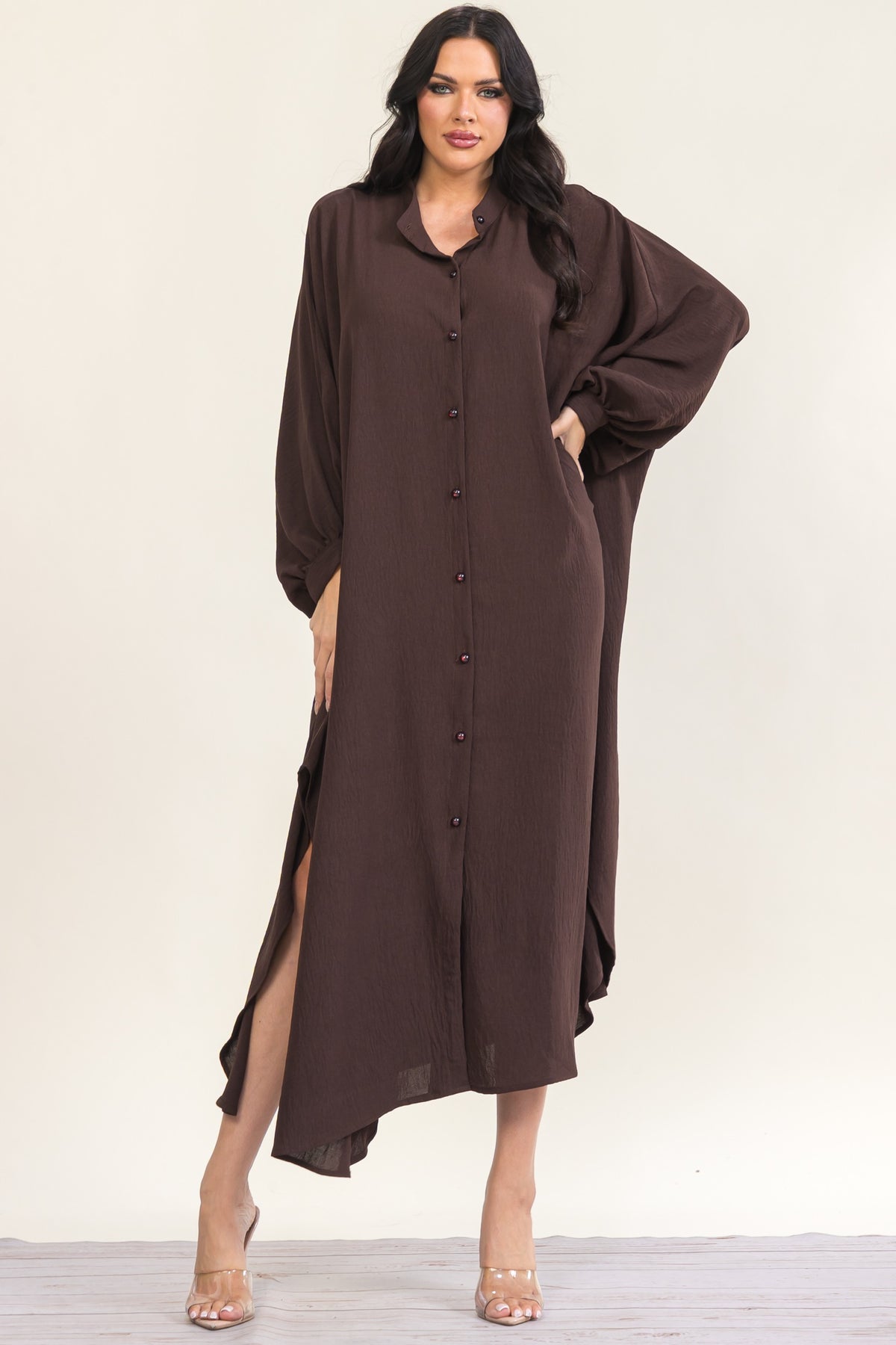 RHD130R-S - Oversized Button-Down Flowy Maxi Dress