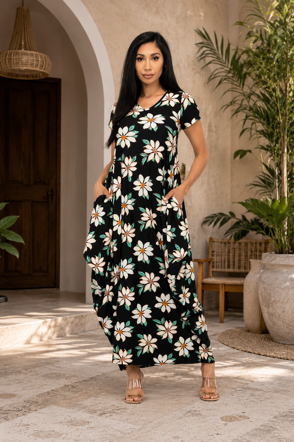 HH645X-FL-1 - PLUS SIZE SHORT SLEEVE MAXI DRESS