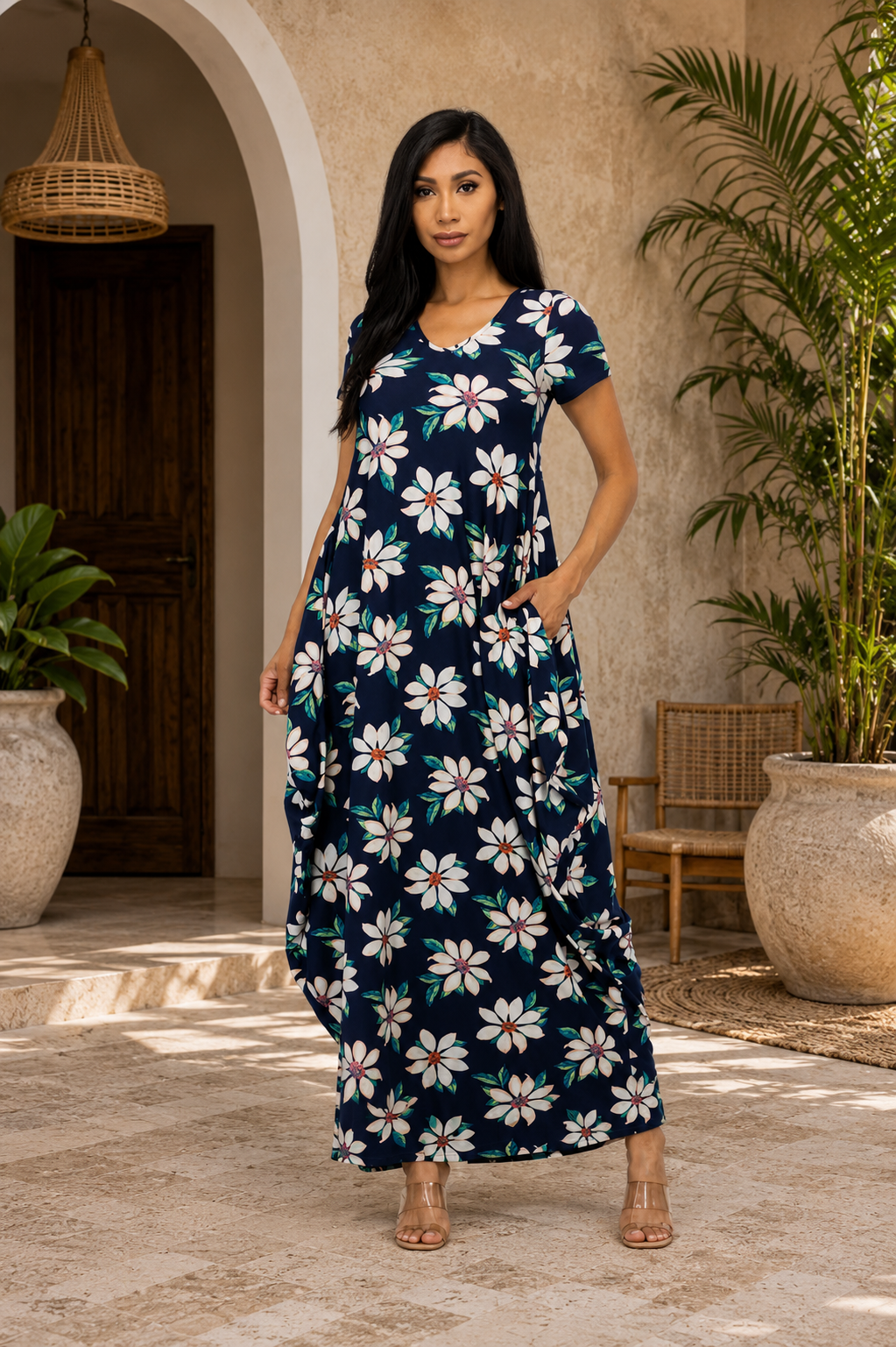 HH645X-FL-1 - PLUS SIZE SHORT SLEEVE MAXI DRESS