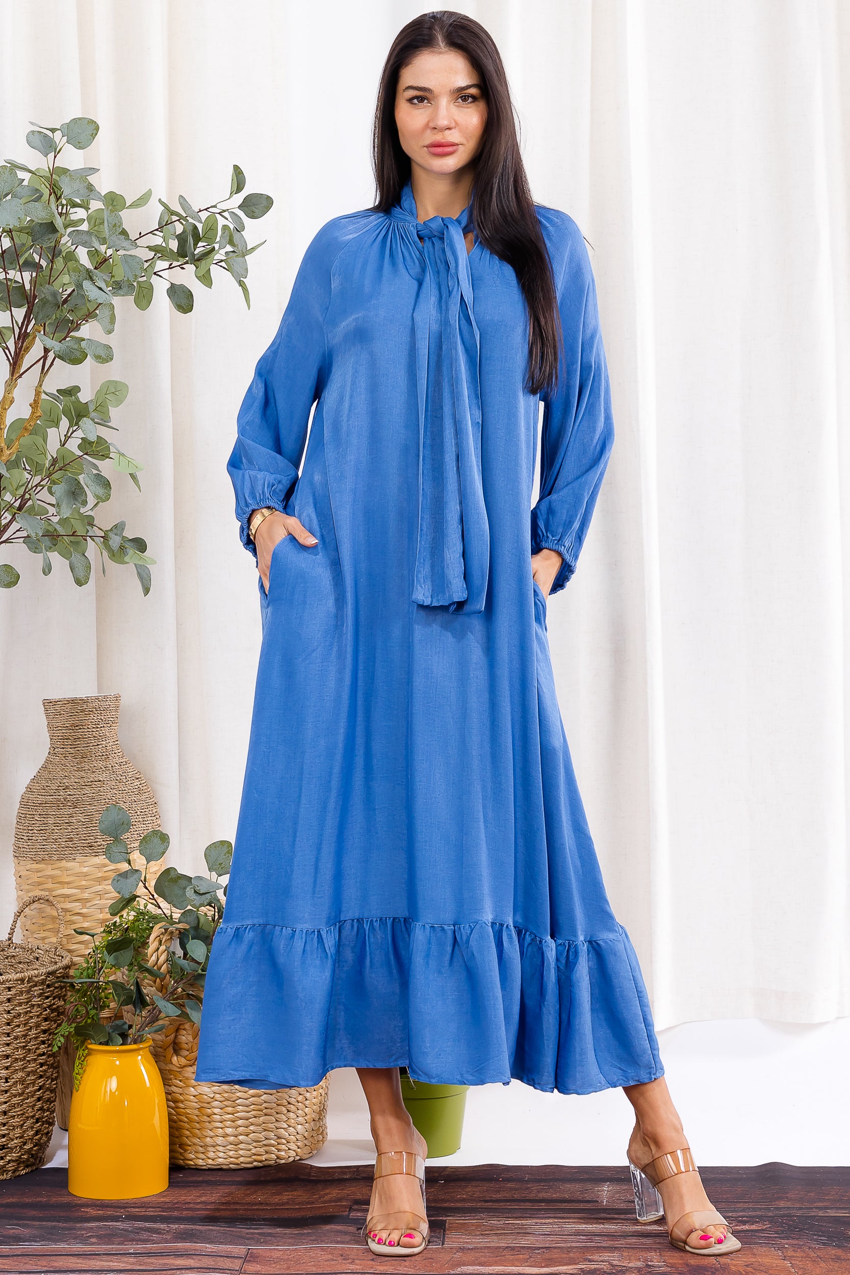 H006X-S Plus Size Bow Tie Neck Maxi Dress with Ruffle Hem