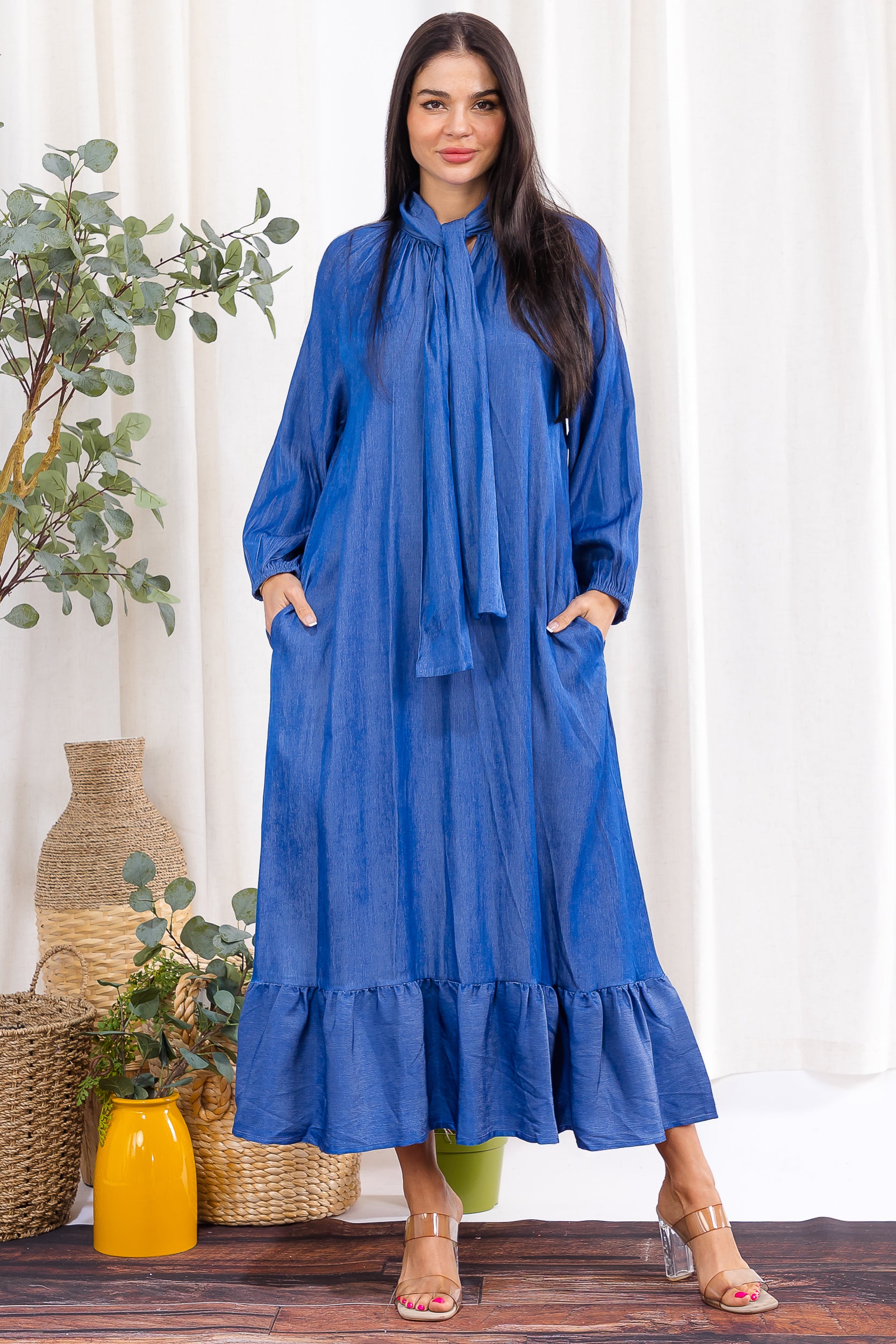 H006X-S Plus Size Bow Tie Neck Maxi Dress with Ruffle Hem