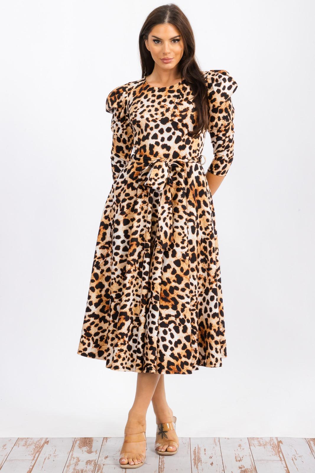 HH698R-LS-CHEETAH - PUFF 3/4 SLEEVE MIDI COCKTAIL DRESS