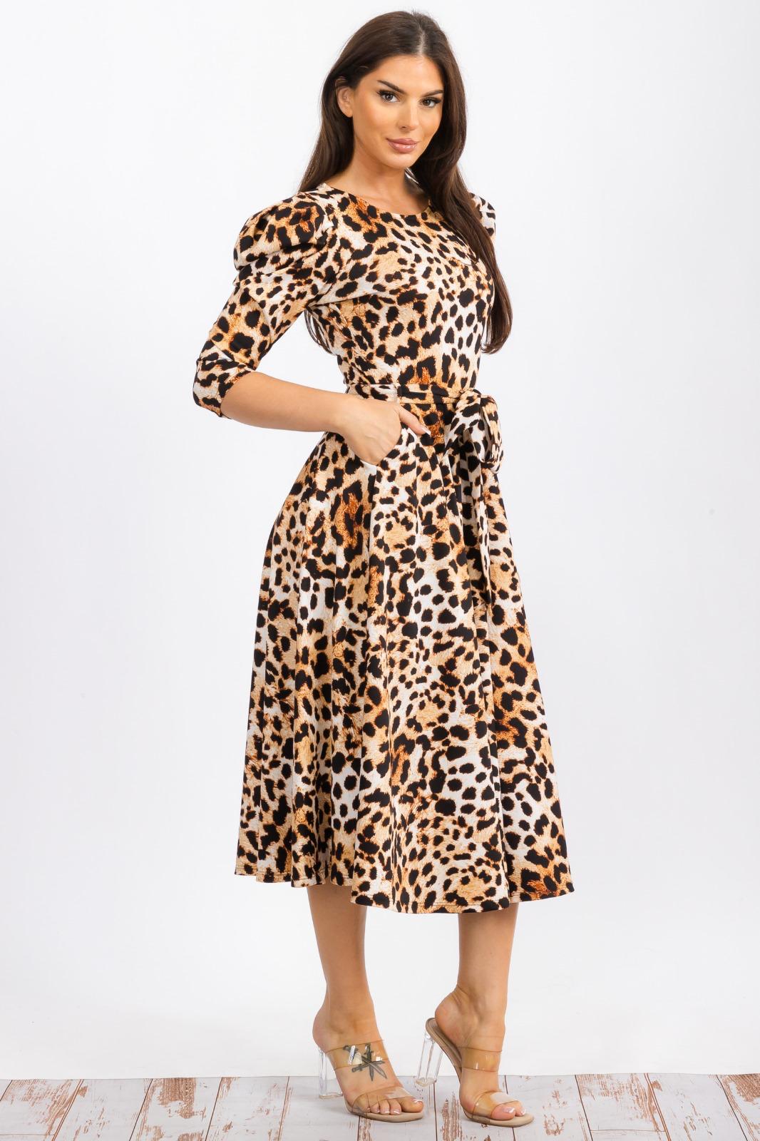 HH698R-LS-CHEETAH - PUFF 3/4 SLEEVE MIDI COCKTAIL DRESS