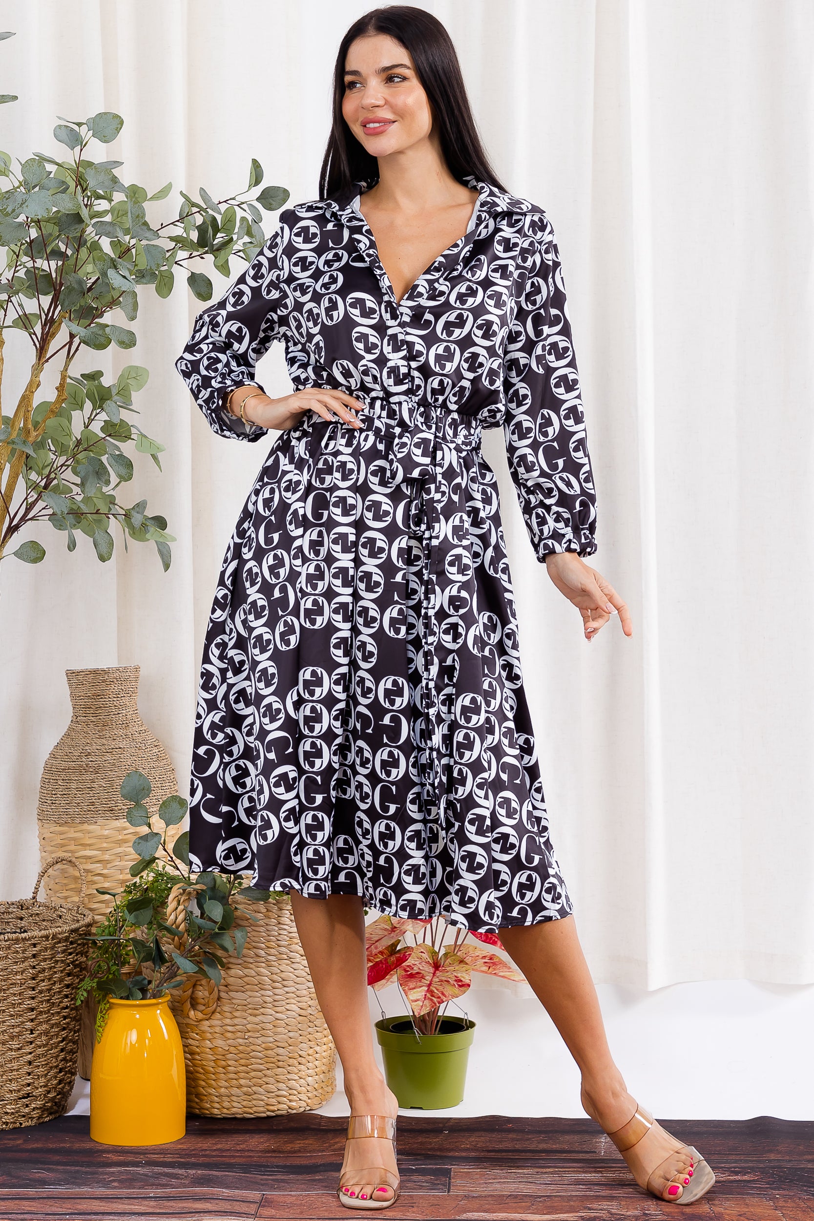 H003X-P Plus Size Printed Button-Down Belted Midi Dress