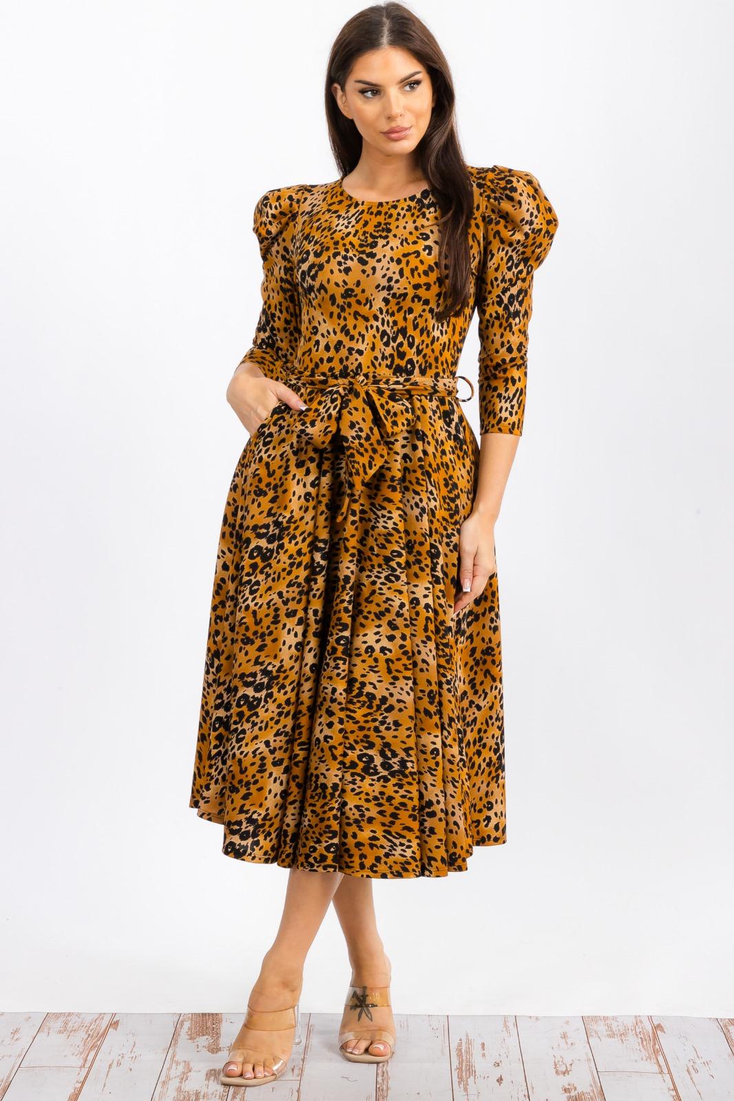 HH698R-LS-CHEETAH - PUFF 3/4 SLEEVE MIDI COCKTAIL DRESS