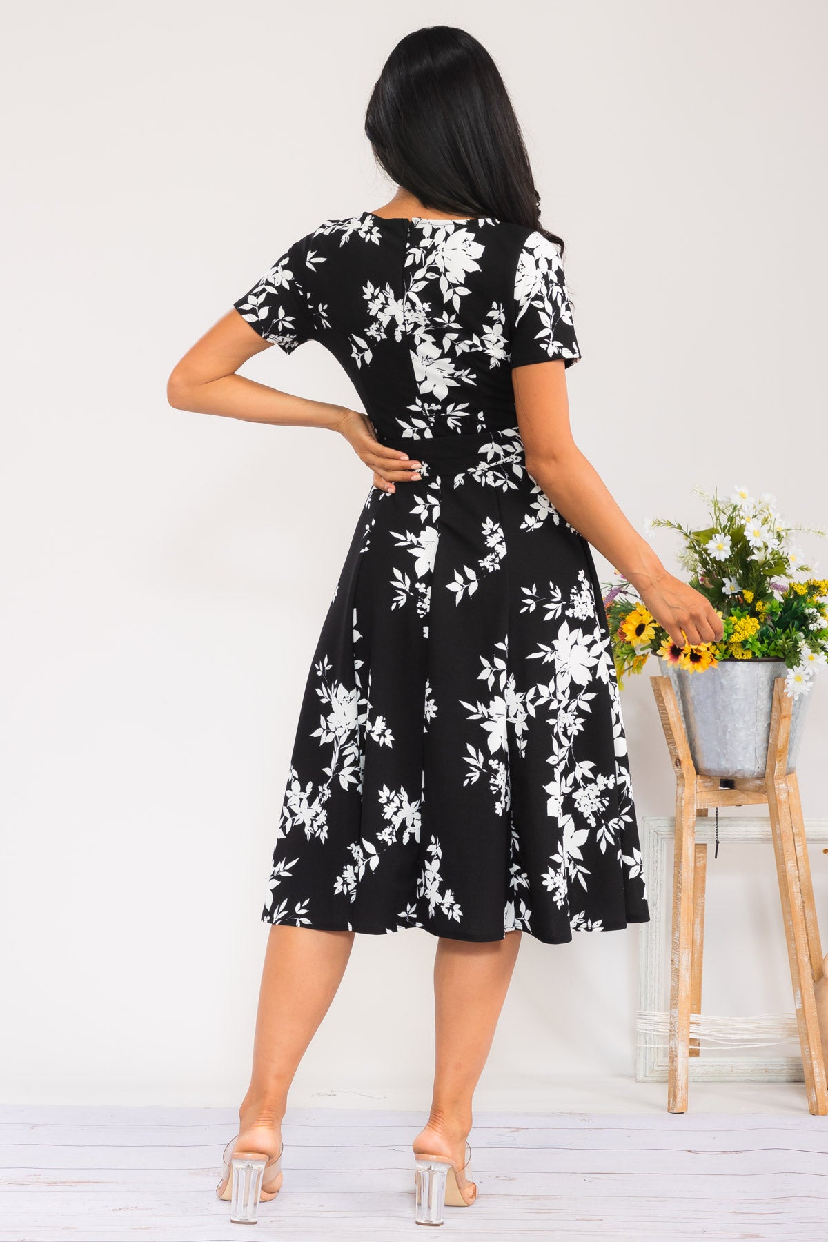 HH726X-FLOWER - SELF TIE CAP SLEEVE DRESS