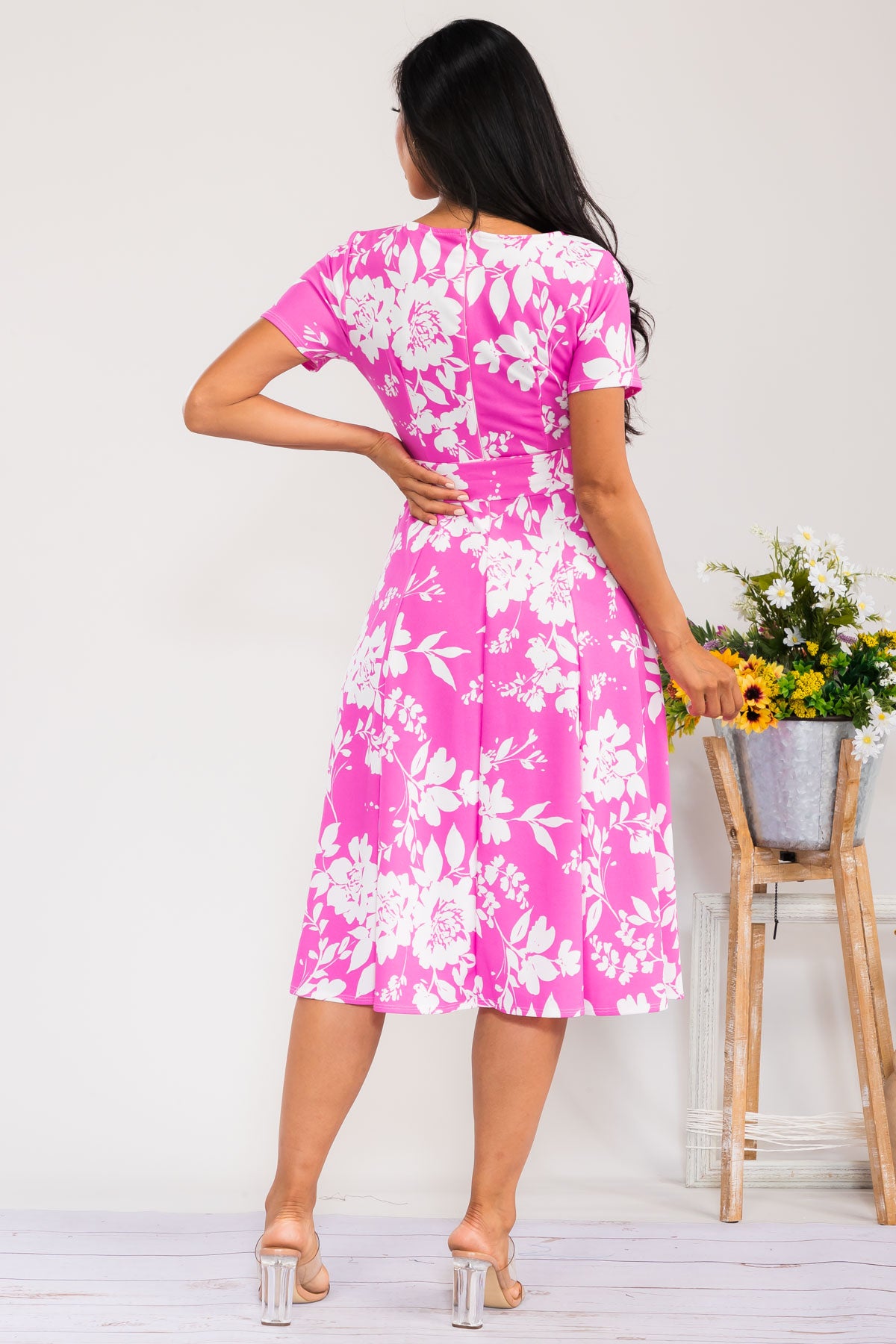 HH726R-FLOWER - SELF TIE CAP SLEEVE DRESS