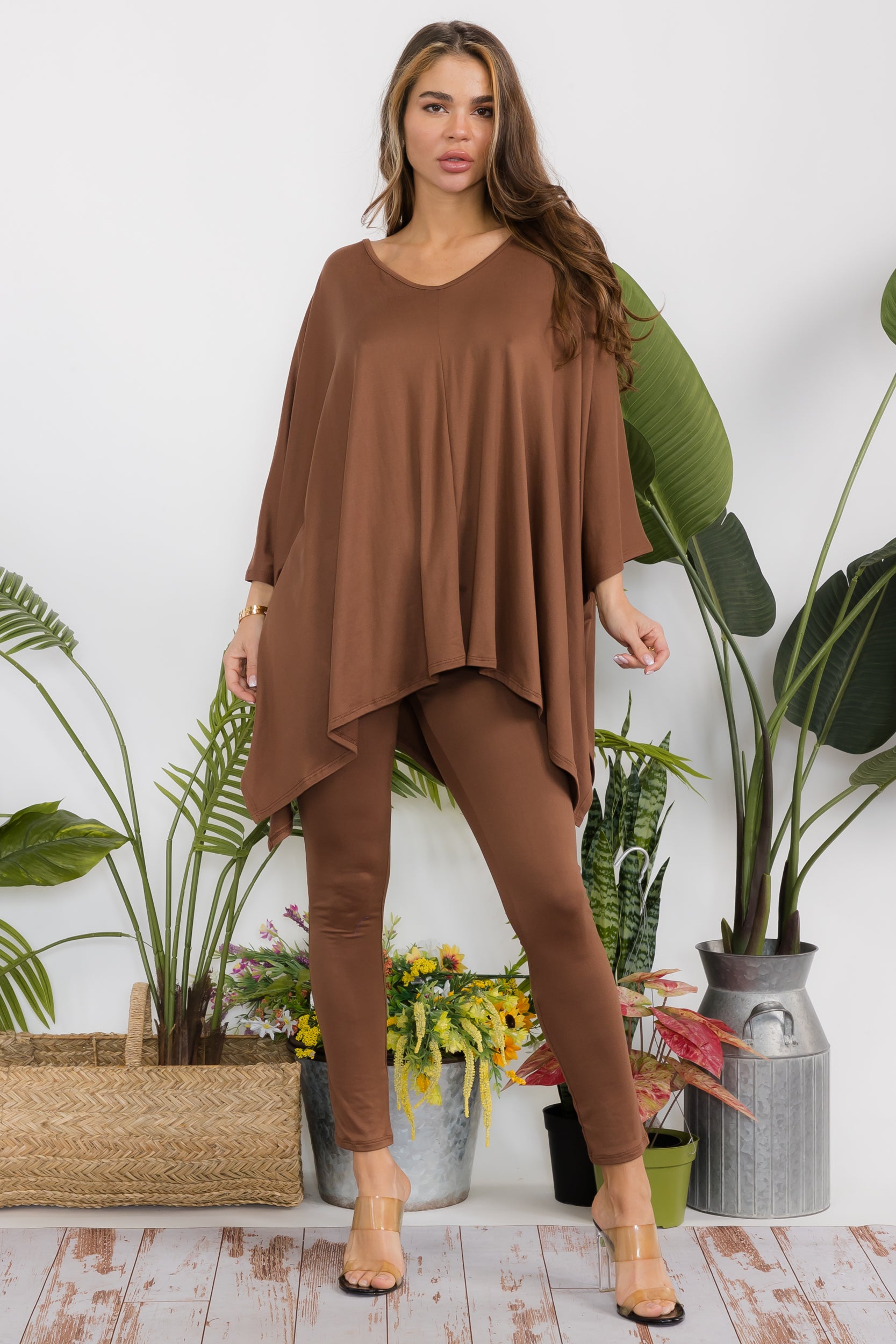 HH637X-S Plus Size Poncho V-neck Top & Leggings 2 PC Set