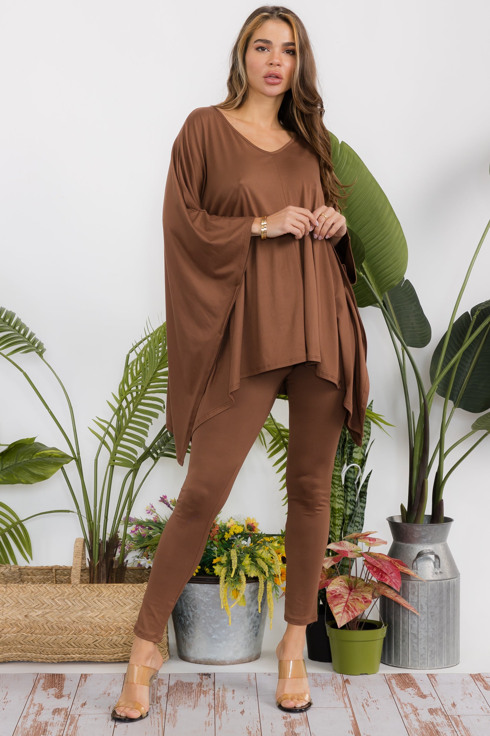 HH637X-S Plus Size Poncho V-neck Top & Leggings 2 PC Set