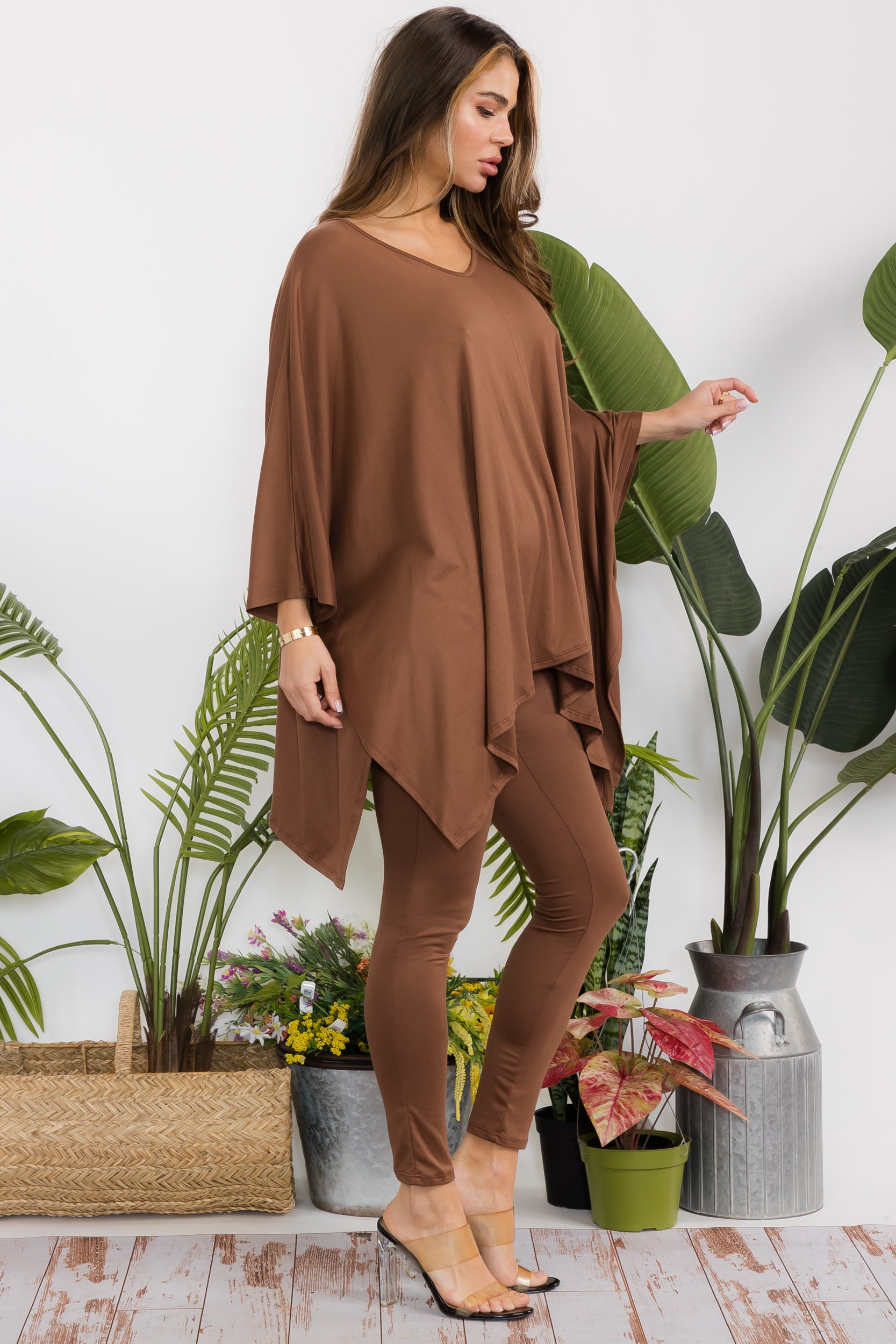 HH637X-S Plus Size Poncho V-neck Top & Leggings 2 PC Set