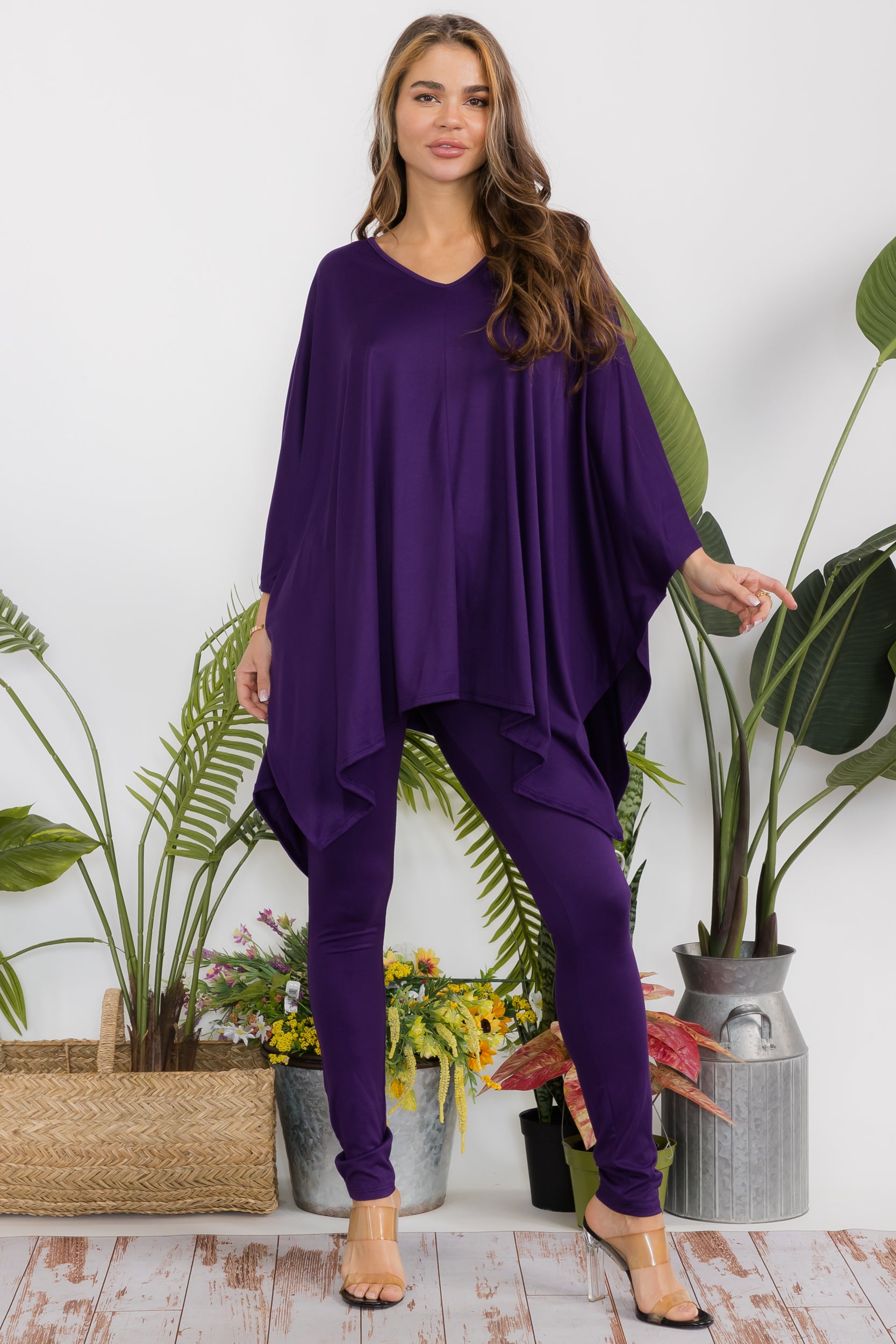 HH637X-S Plus Size Poncho V-neck Top & Leggings 2 PC Set