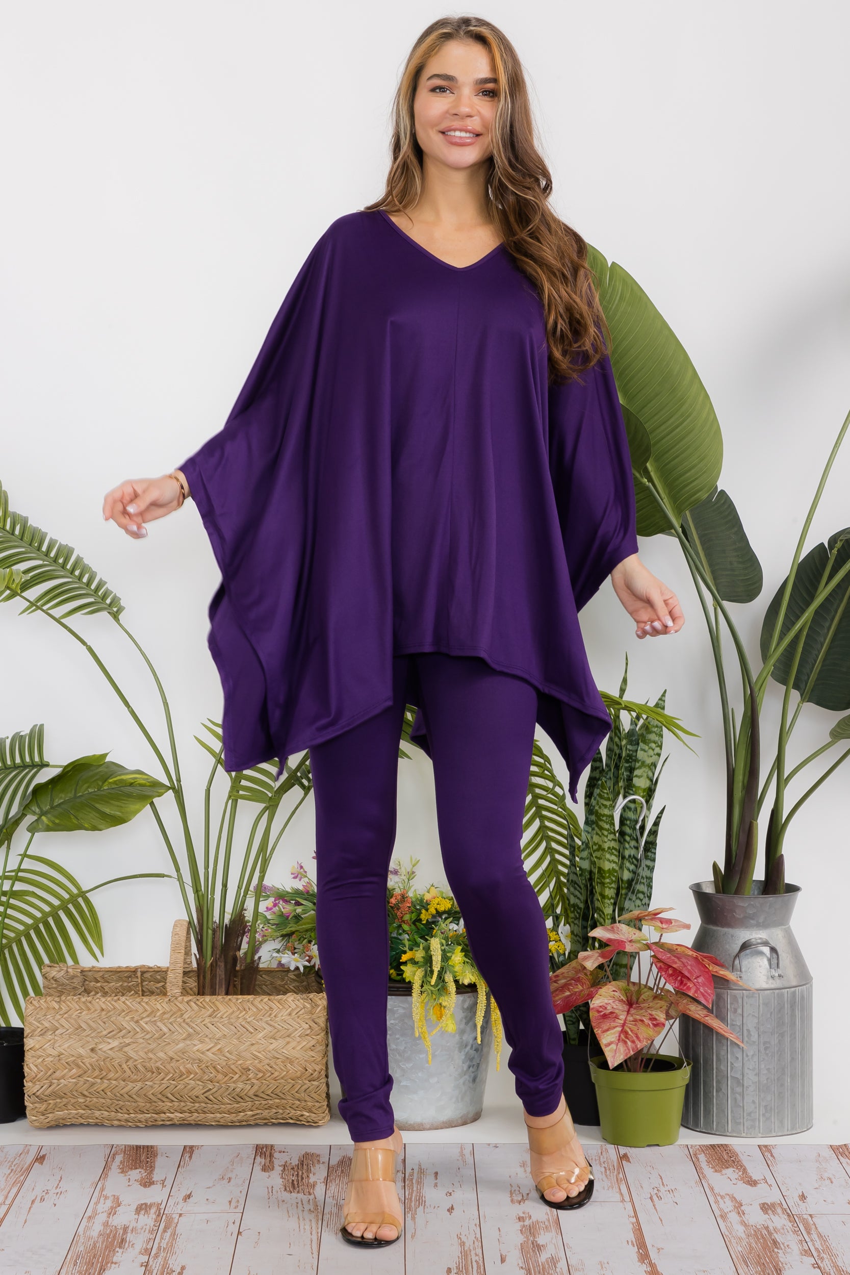 HH637X-S Plus Size Poncho V-neck Top & Leggings 2 PC Set