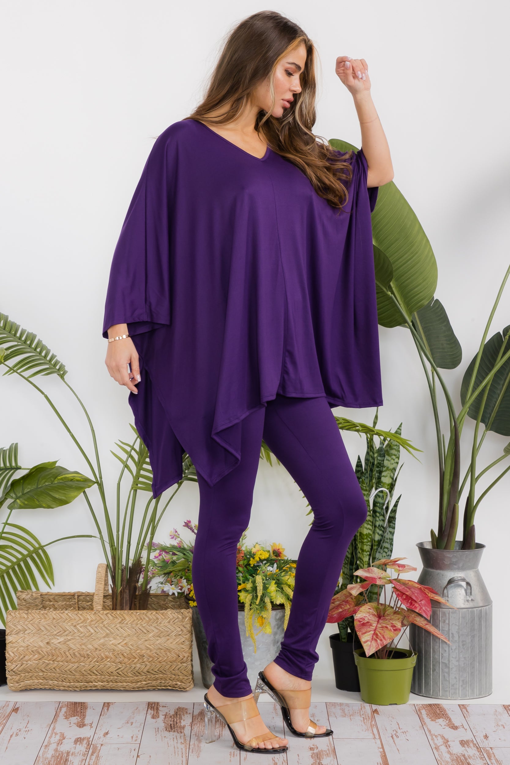 HH637X-S Plus Size Poncho V-neck Top & Leggings 2 PC Set