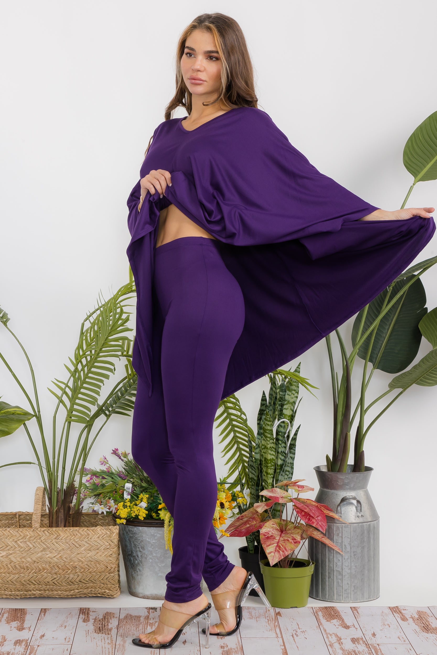 HH637X-S Plus Size Poncho V-neck Top & Leggings 2 PC Set