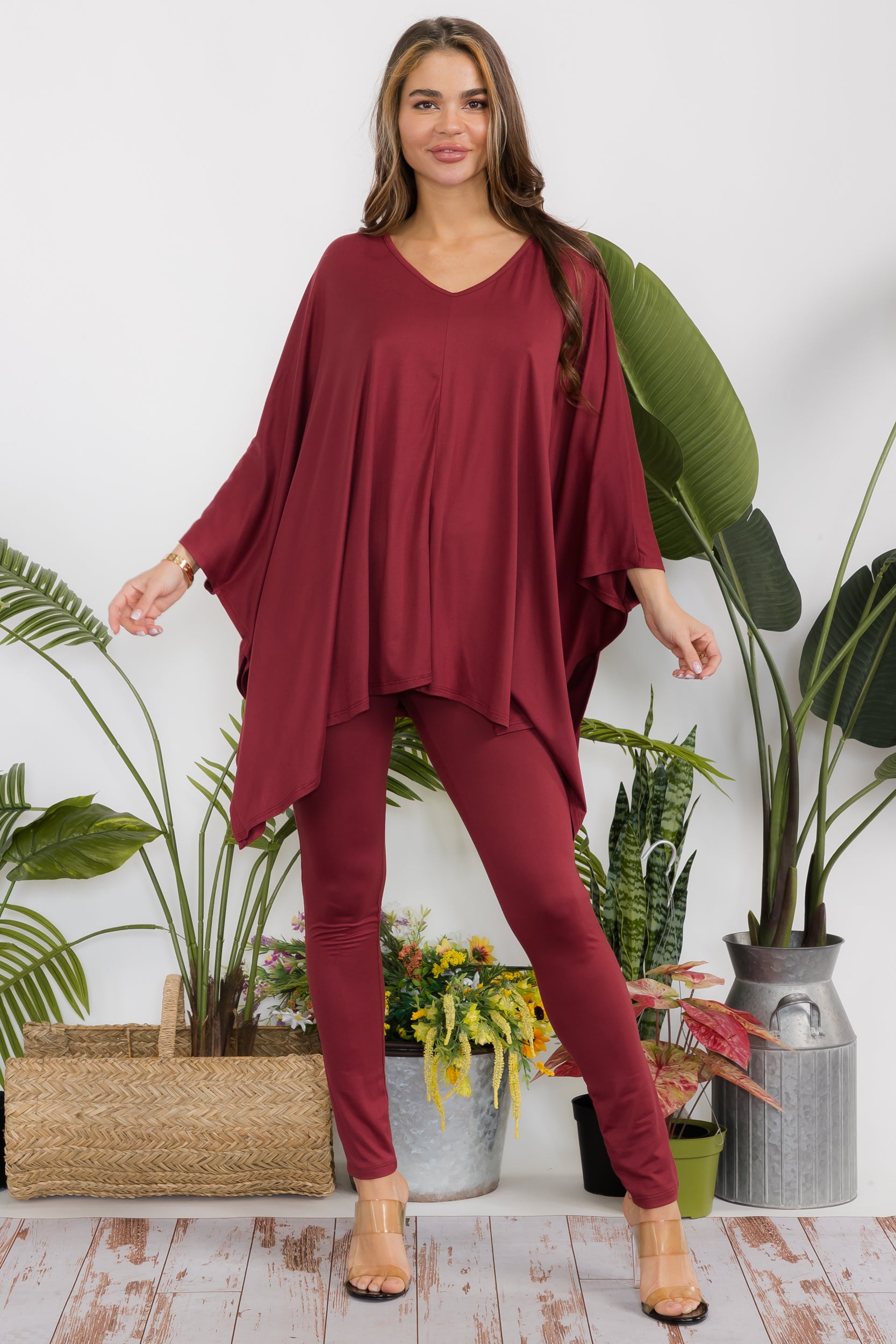 HH637X-S Plus Size Poncho V-neck Top & Leggings 2 PC Set