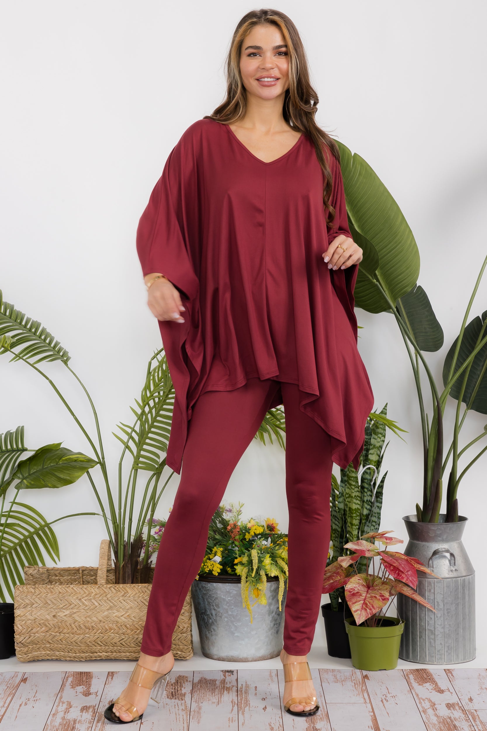 HH637X-S Plus Size Poncho V-neck Top & Leggings 2 PC Set