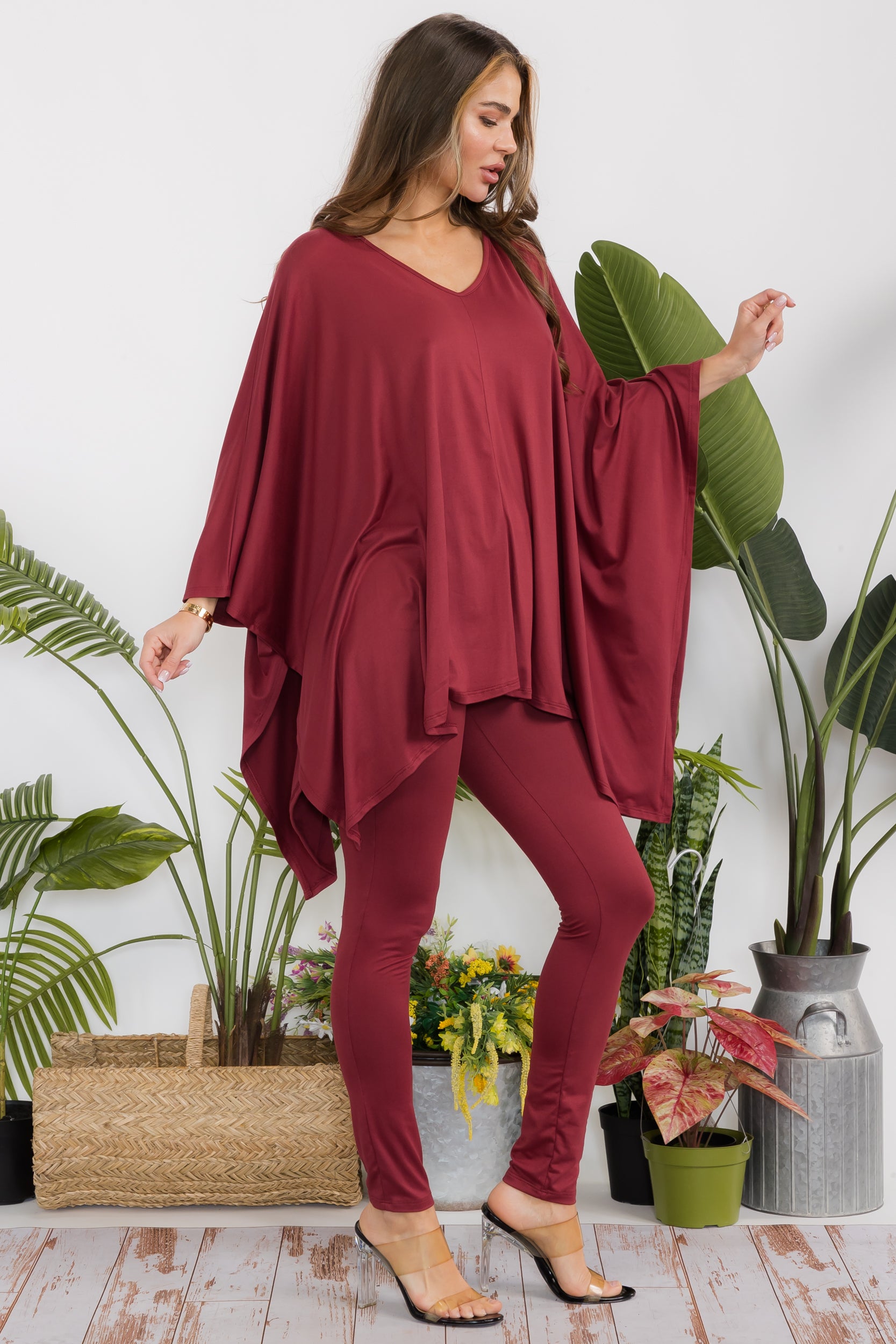 HH637X-S Plus Size Poncho V-neck Top & Leggings 2 PC Set