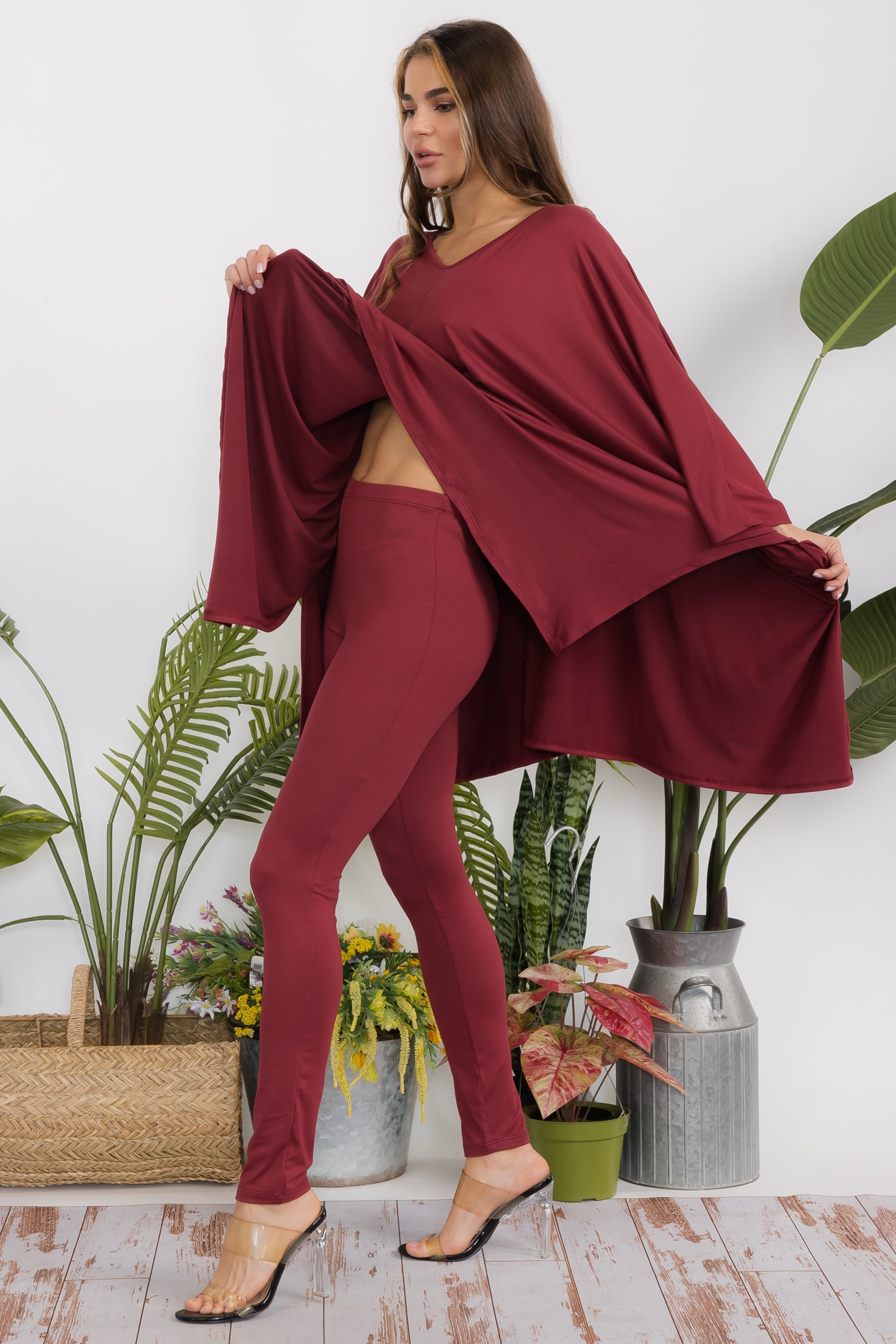 HH637X-S Plus Size Poncho V-neck Top & Leggings 2 PC Set