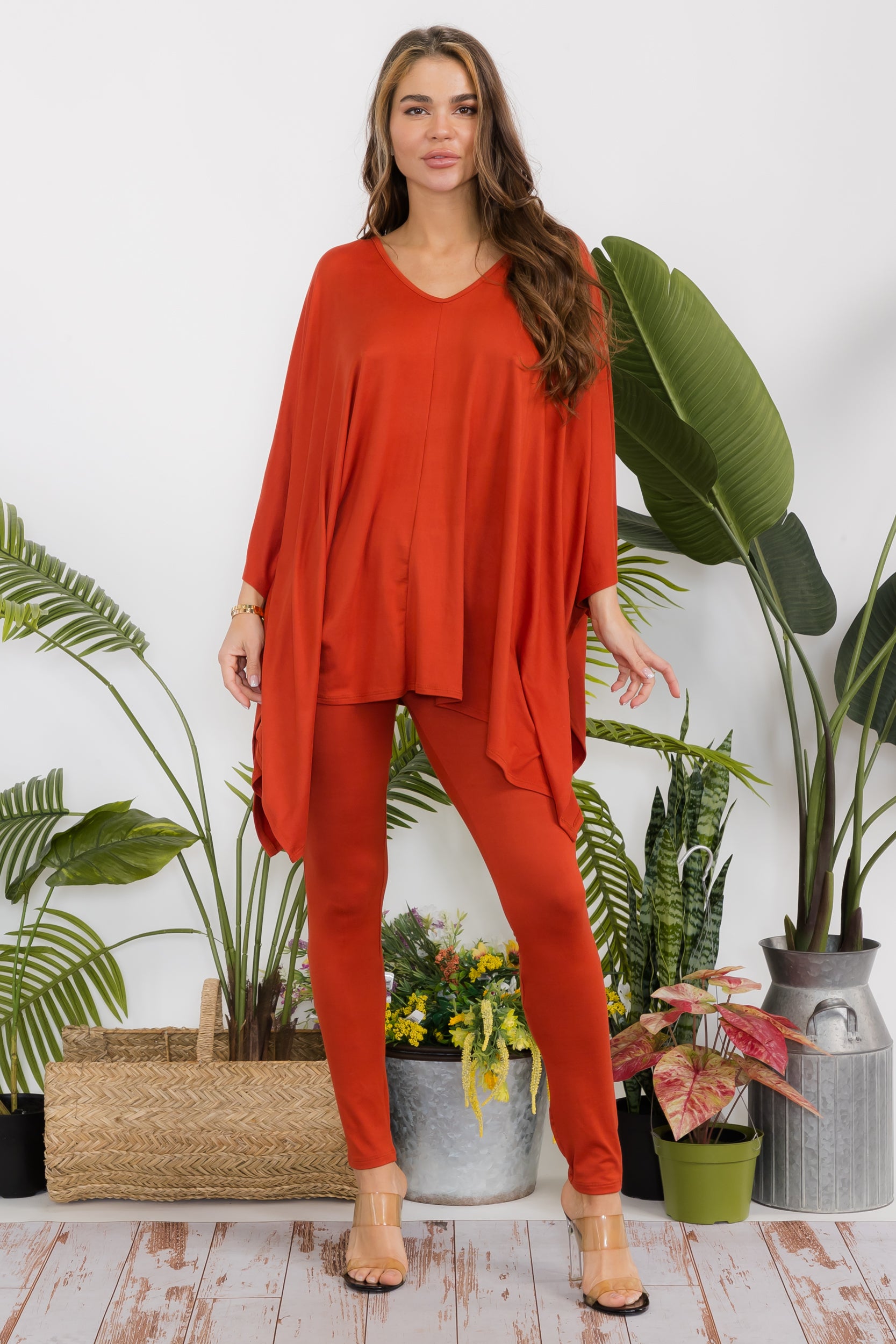 HH637R-S Poncho V-neck Top & Leggings 2 PC Set