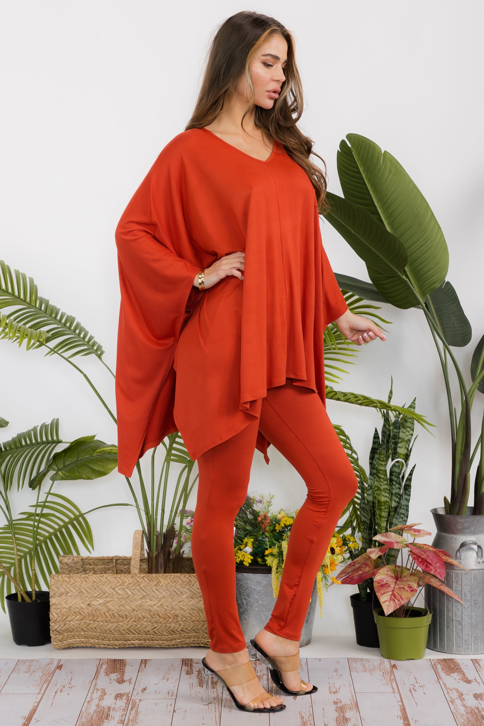 HH637X-S Plus Size Poncho V-neck Top & Leggings 2 PC Set