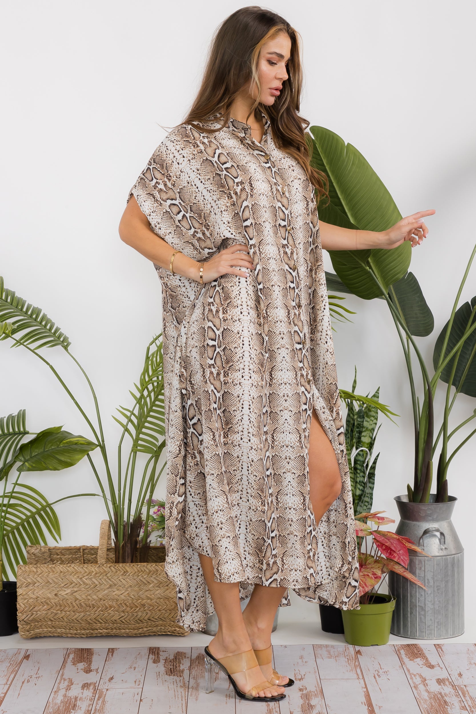 HH763X-AN Plus Size Animal Button Down Shirt Dress