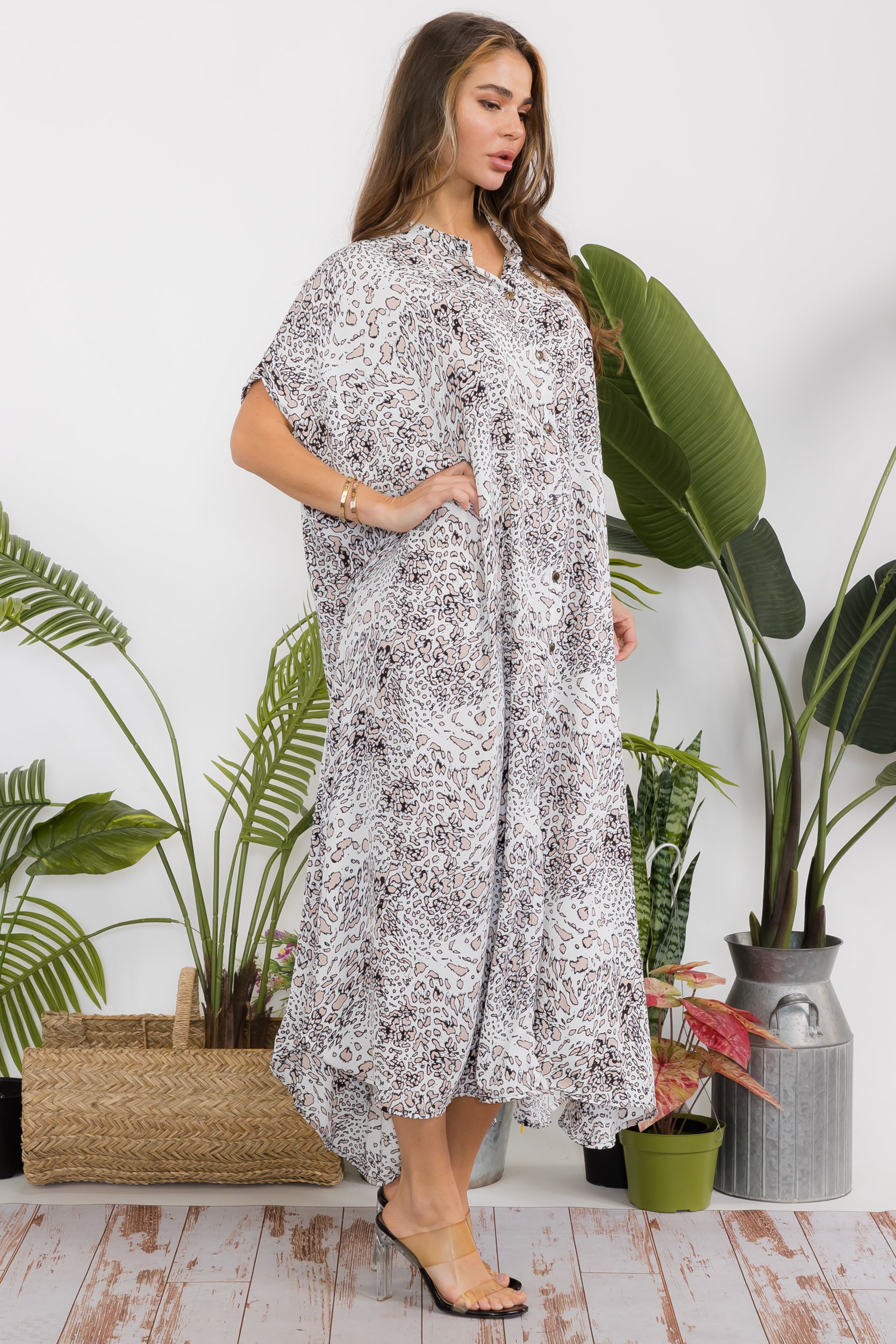 HH763X-AN Plus Size Animal Button Down Shirt Dress