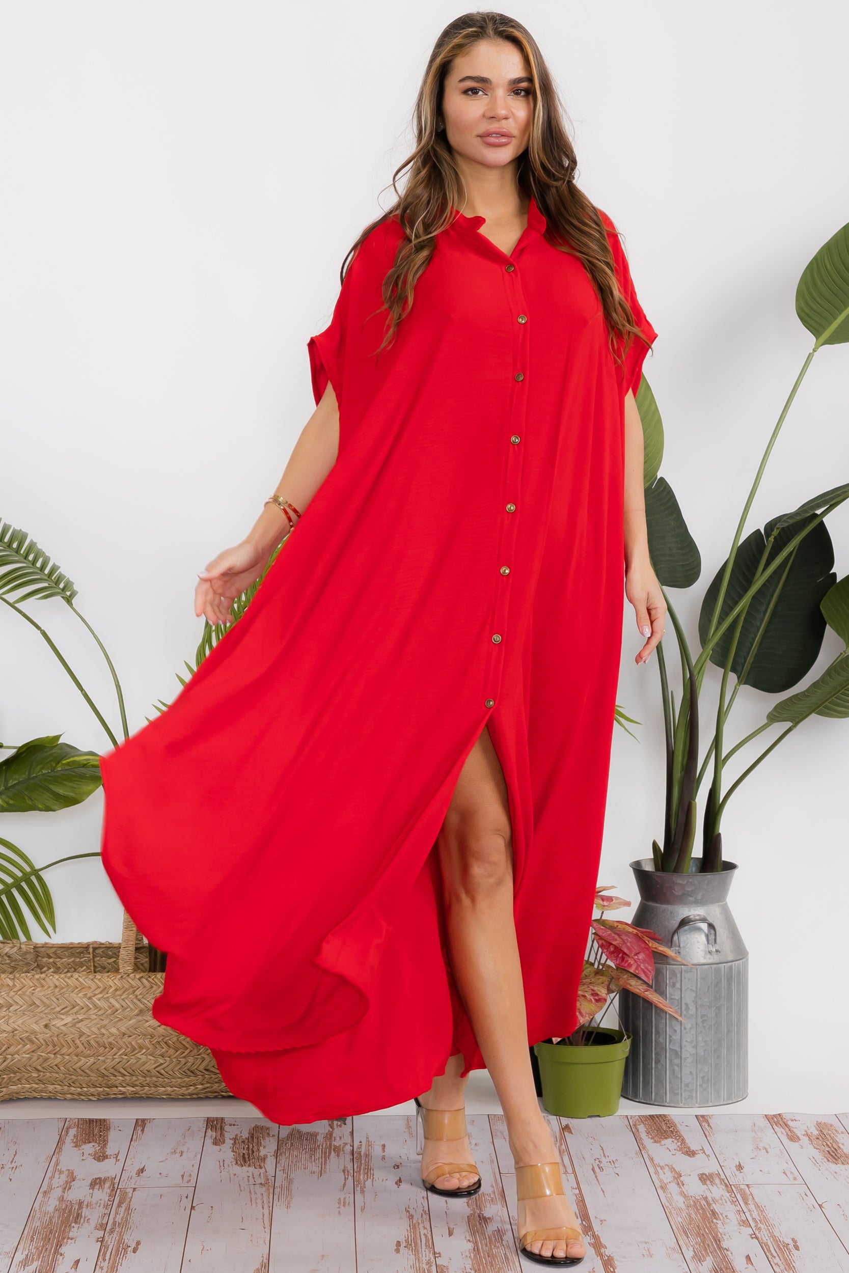 HH763R-S Button Down Shirt Dress