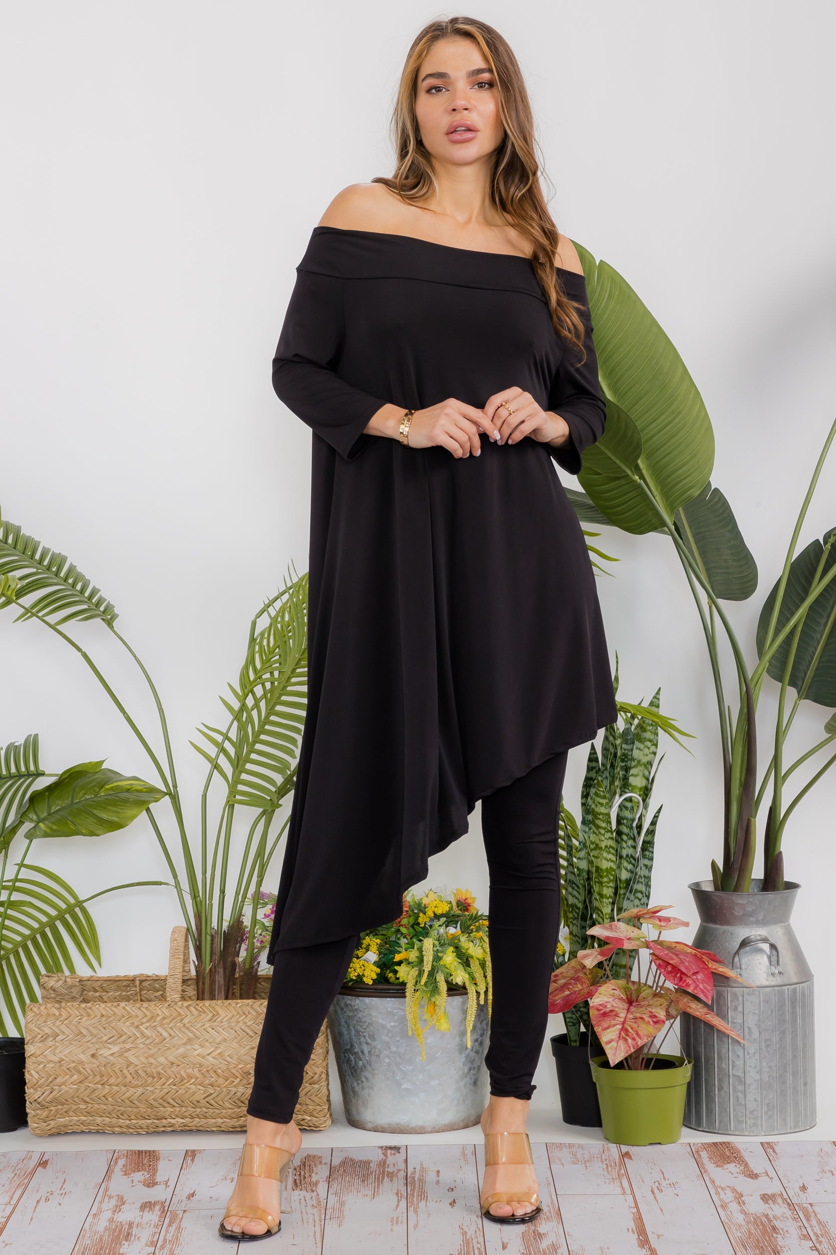 HH690X-S Plus Size Cowl Neck Top & Leggings 2 Piece Set