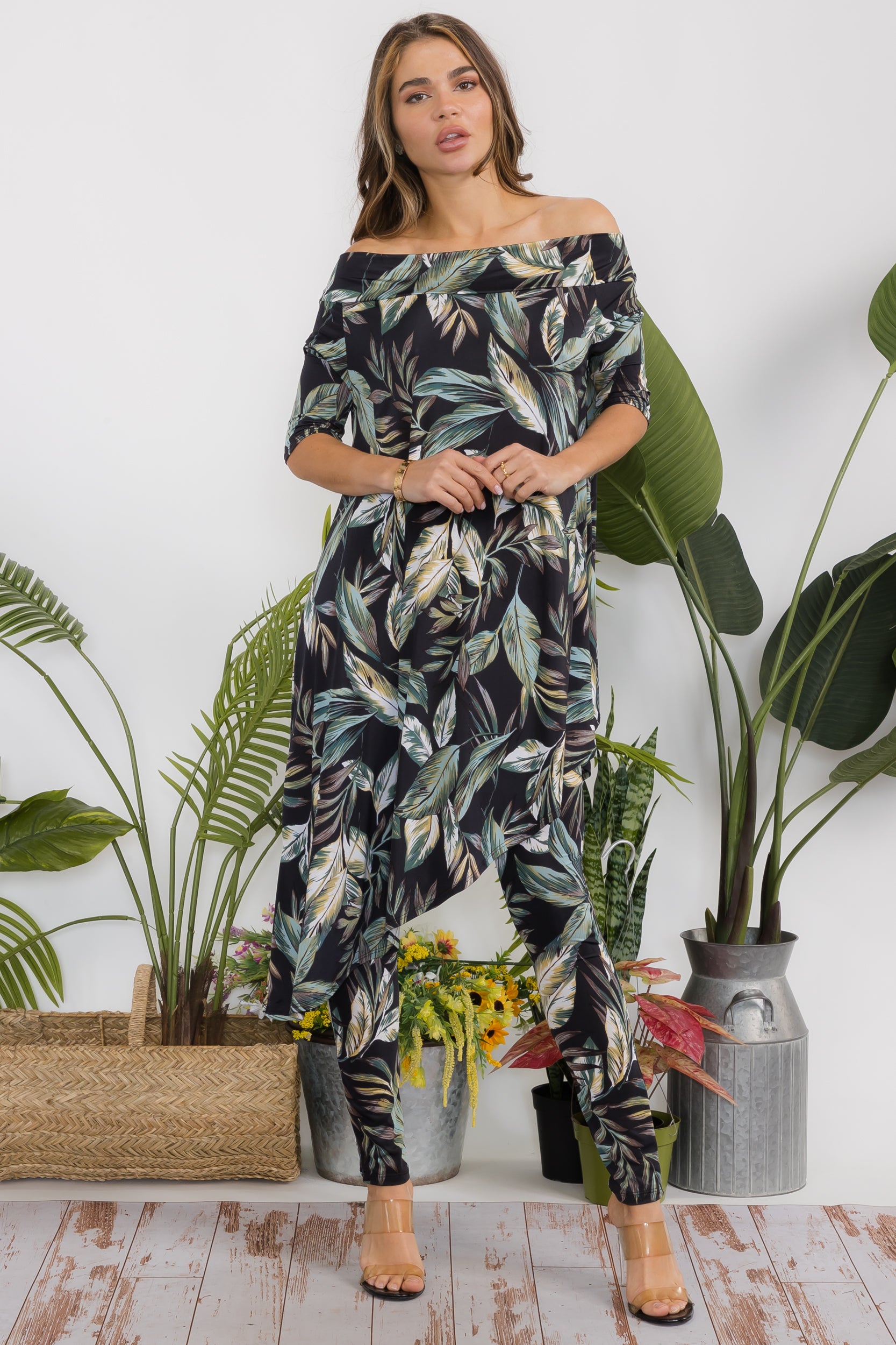 HH690R-P-FL Floral Cowl Neck Top & Leggings 2 Piece Set