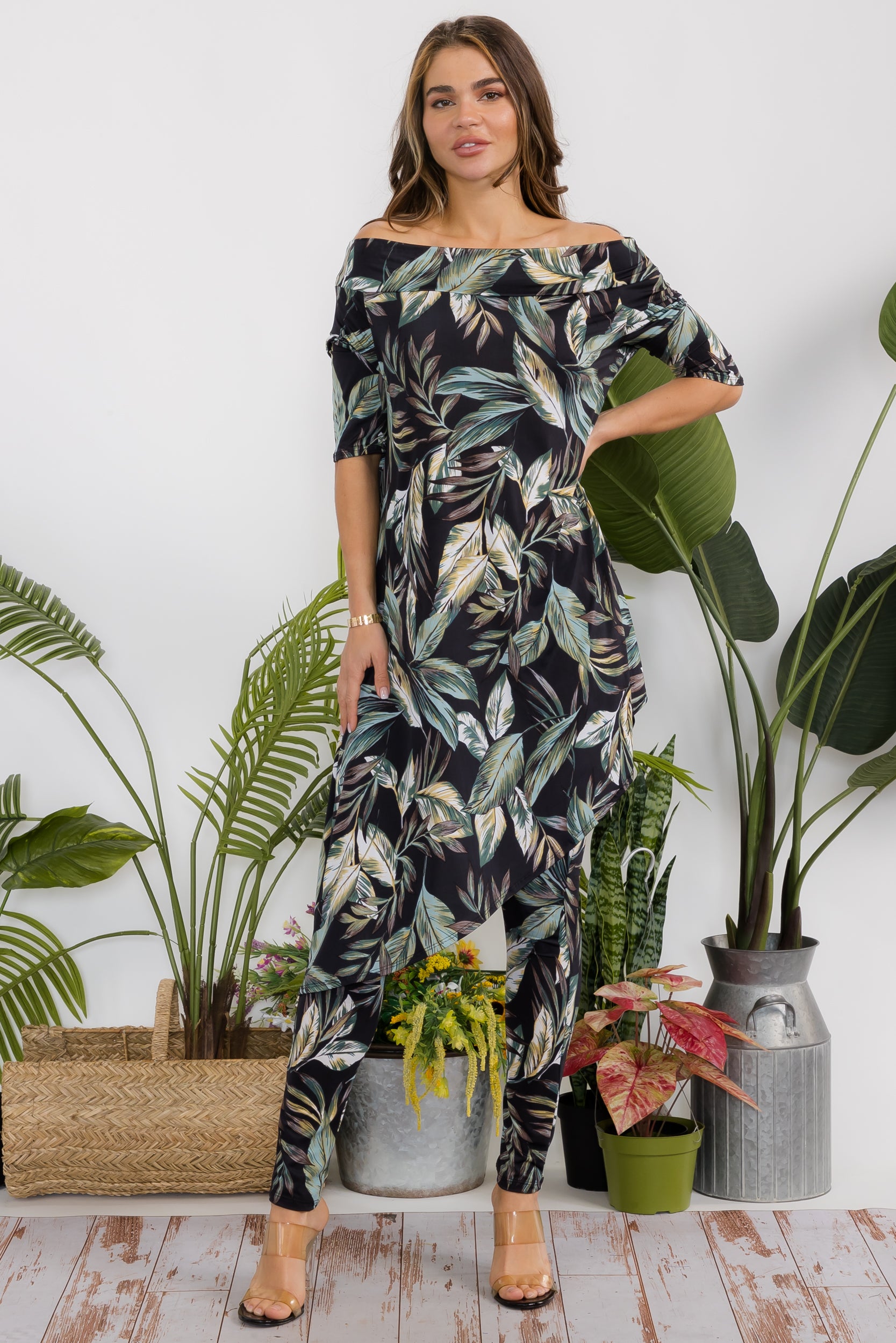 HH690R-P-FL Floral Cowl Neck Top & Leggings 2 Piece Set