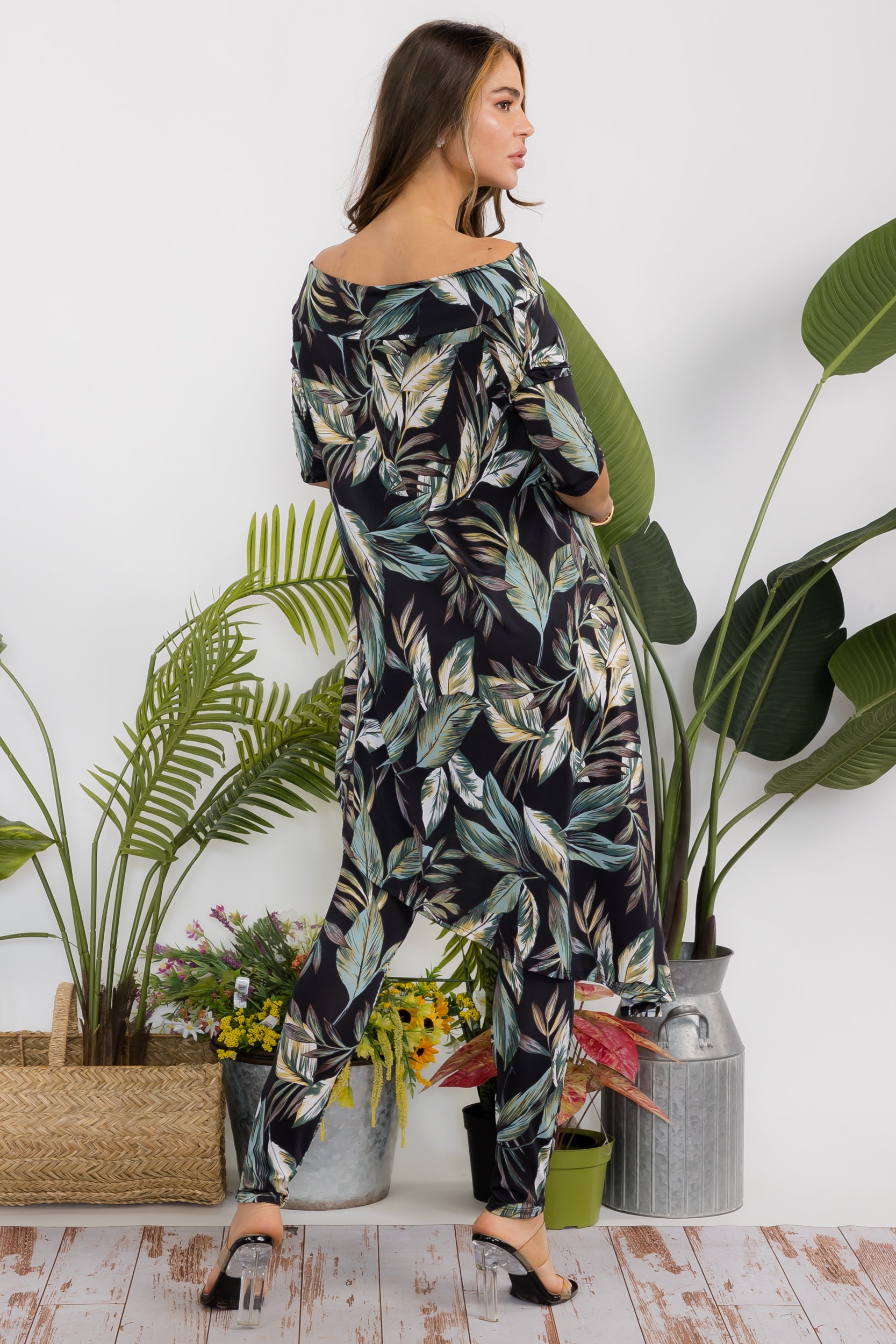 HH690R-P2 Floral Cowl Neck Top & Leggings 2 Piece Set