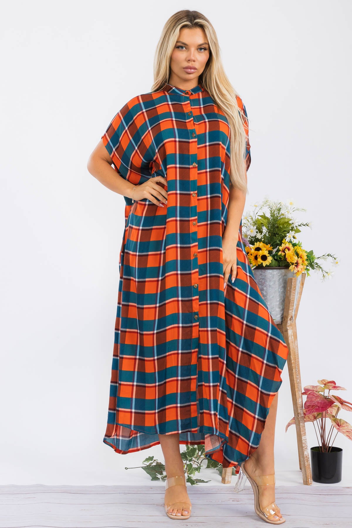 HH763X-PLAID - SHORT SLEEVE MIDI BUTTON UP DRESS