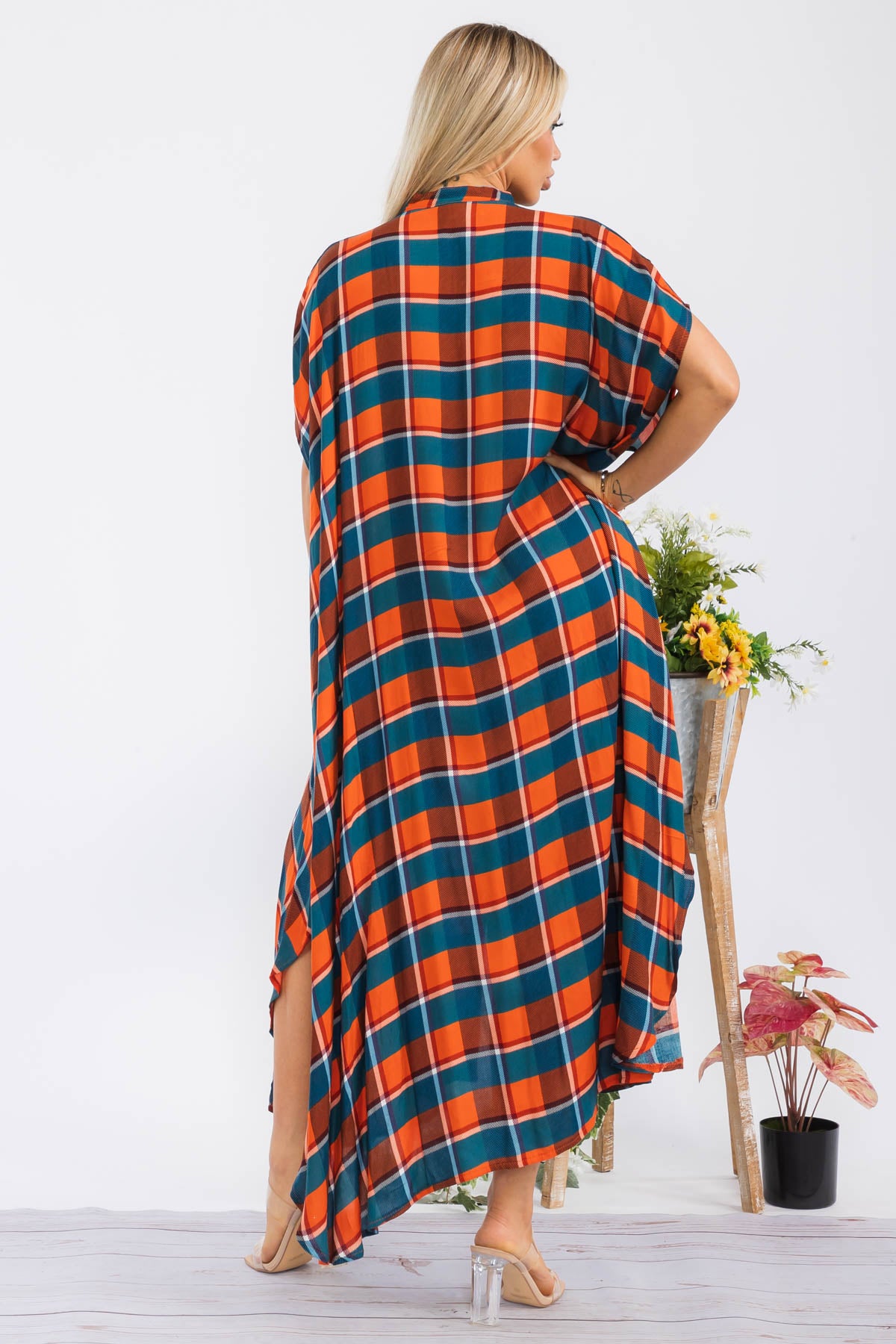 HH763X-PLAID - SHORT SLEEVE MIDI BUTTON UP DRESS