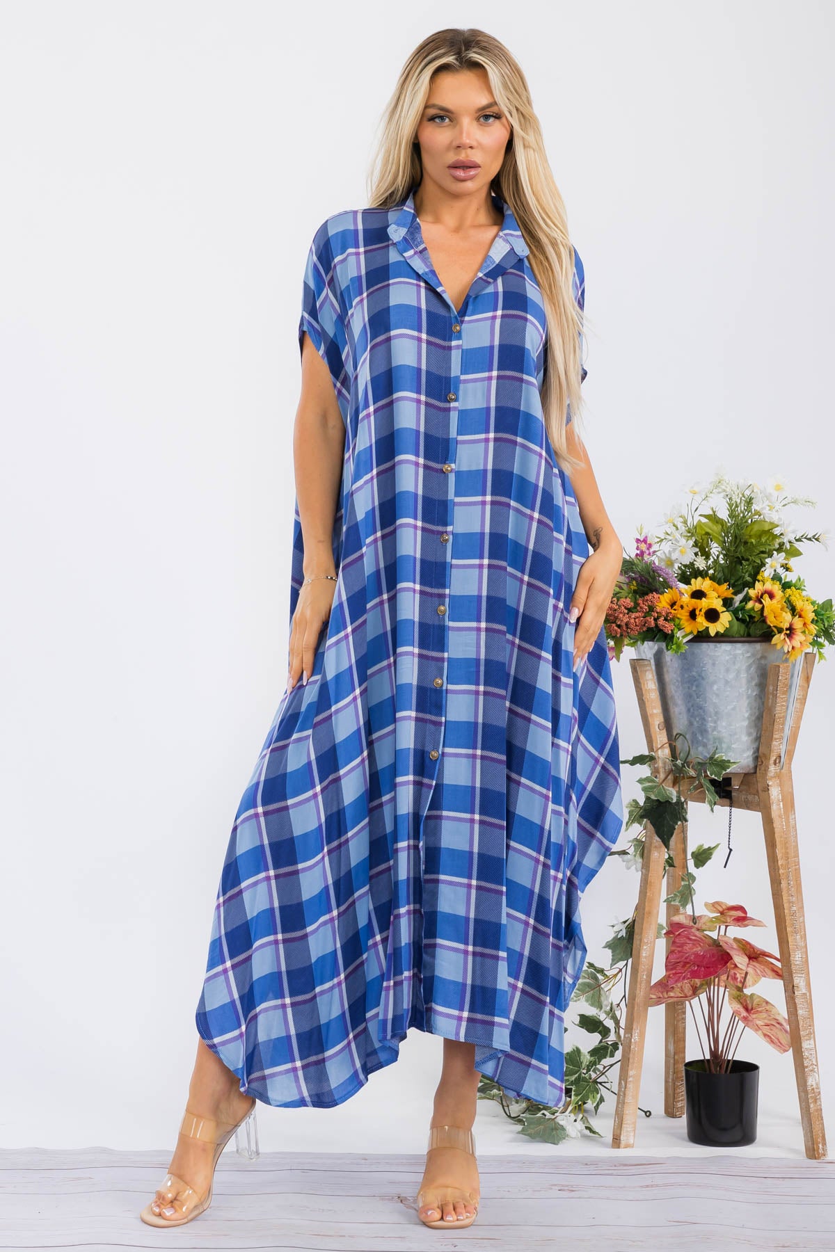 HH763X-PLAID - SHORT SLEEVE MIDI BUTTON UP DRESS