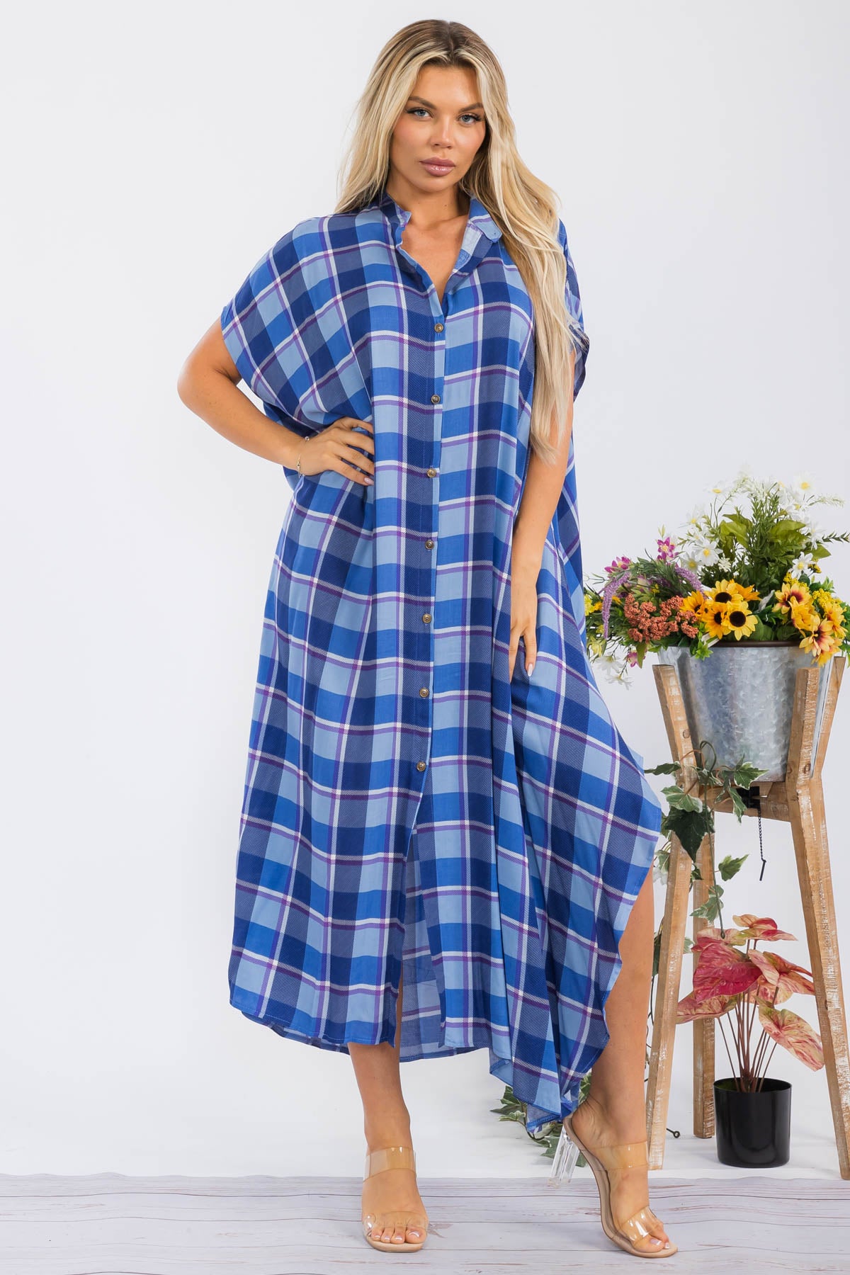 HH763R-PLAID - SHORT SLEEVE MIDI BUTTON UP DRESS