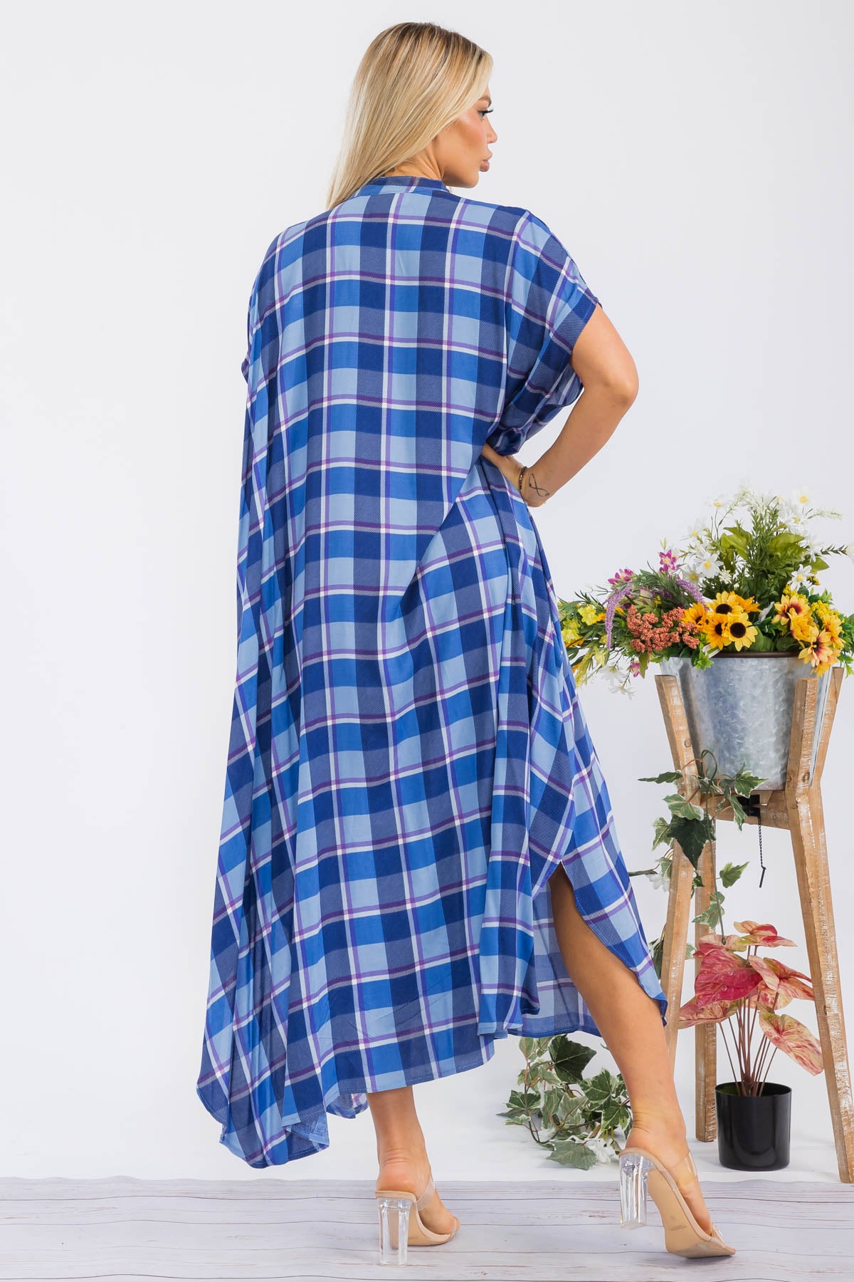 HH763X-PLAID - SHORT SLEEVE MIDI BUTTON UP DRESS