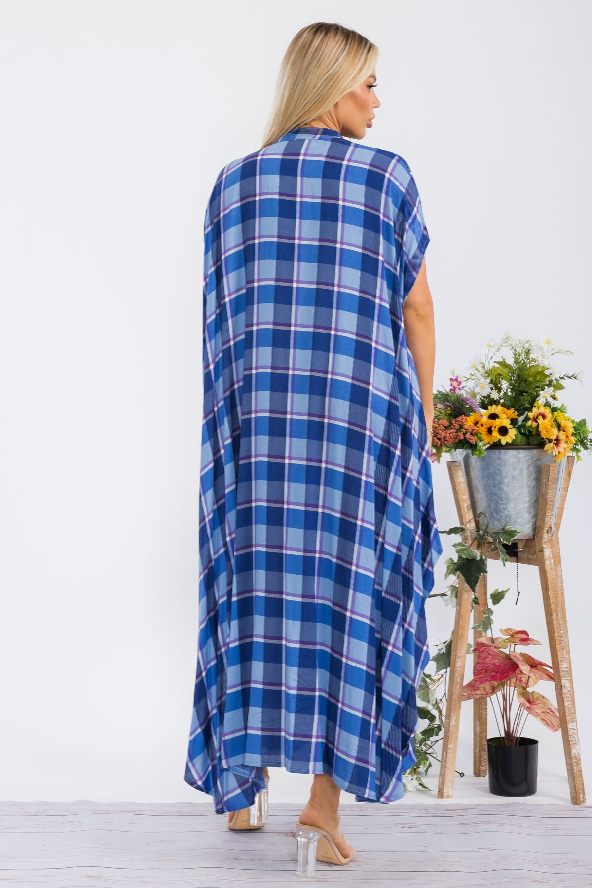 HH763R-PLAID - SHORT SLEEVE MIDI BUTTON UP DRESS