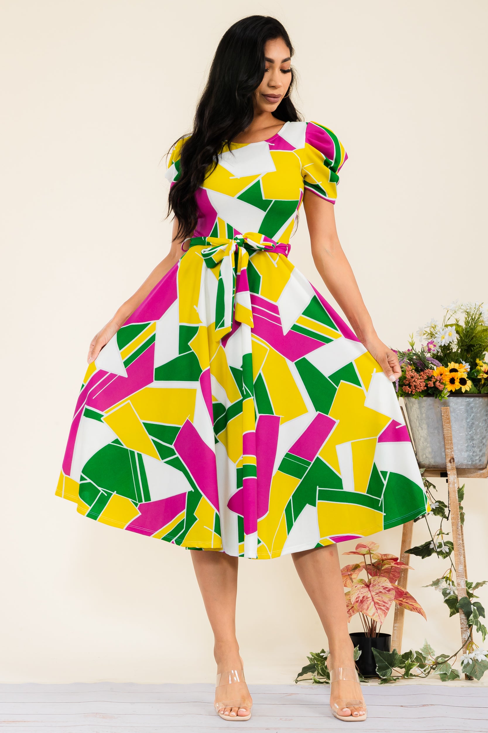 HH698R-ABSTRACT - PUFF SLEEVE MIDI COCKTAIL DRESS