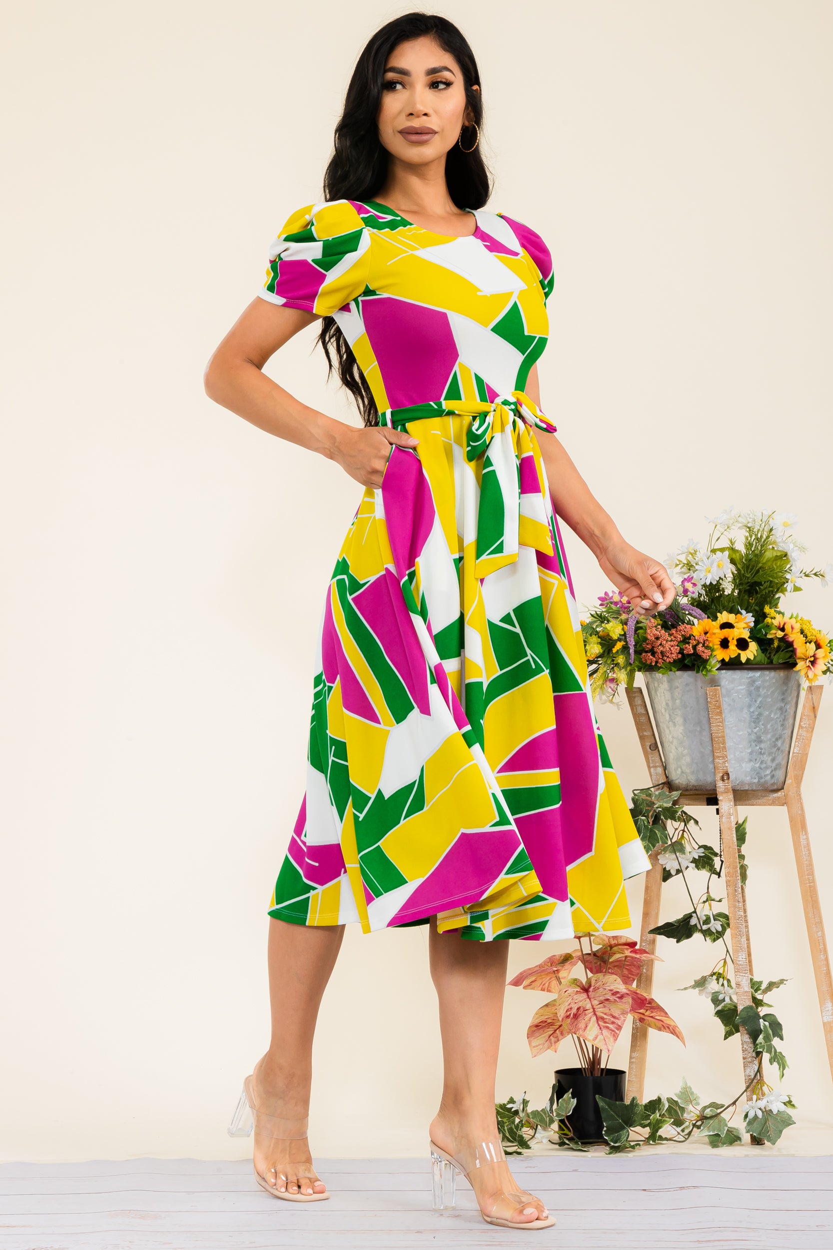 HH698R-ABSTRACT - PUFF SLEEVE MIDI COCKTAIL DRESS