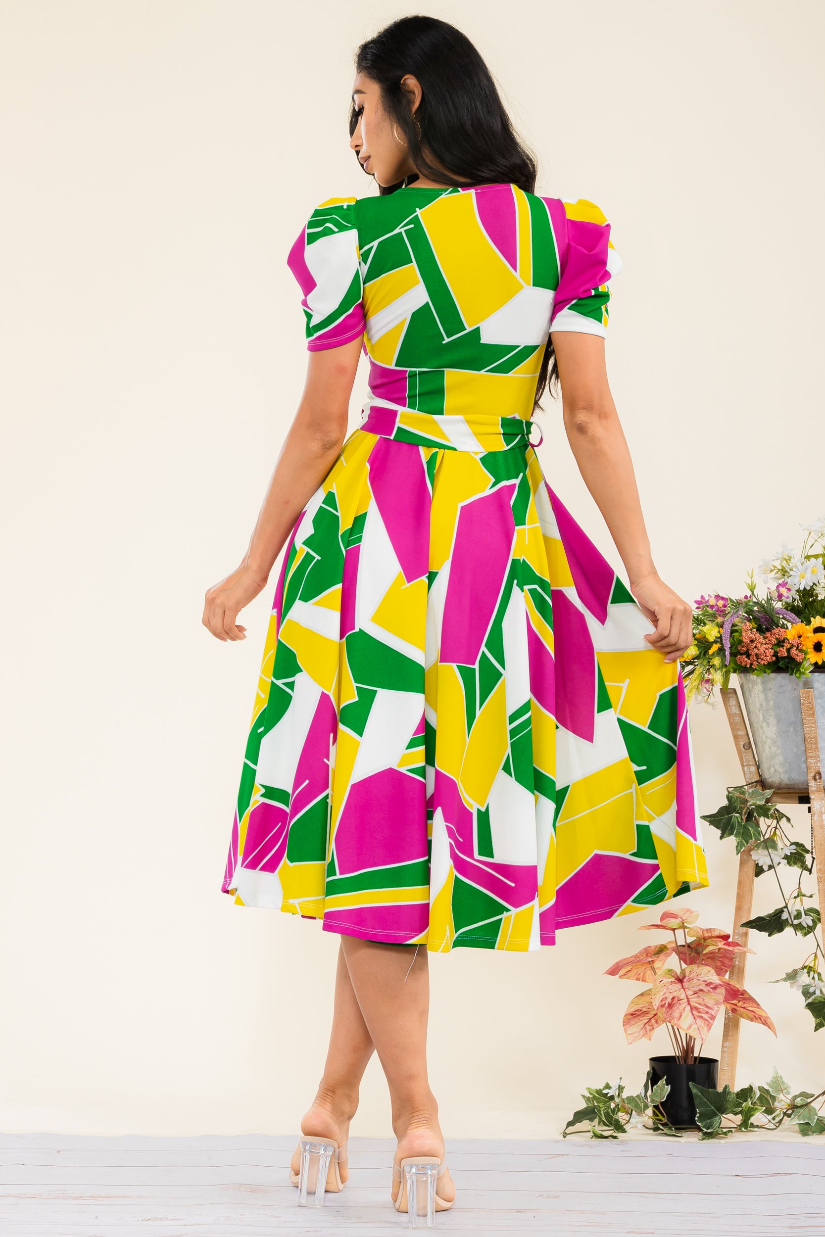 HH698R-ABSTRACT - PUFF SLEEVE MIDI COCKTAIL DRESS