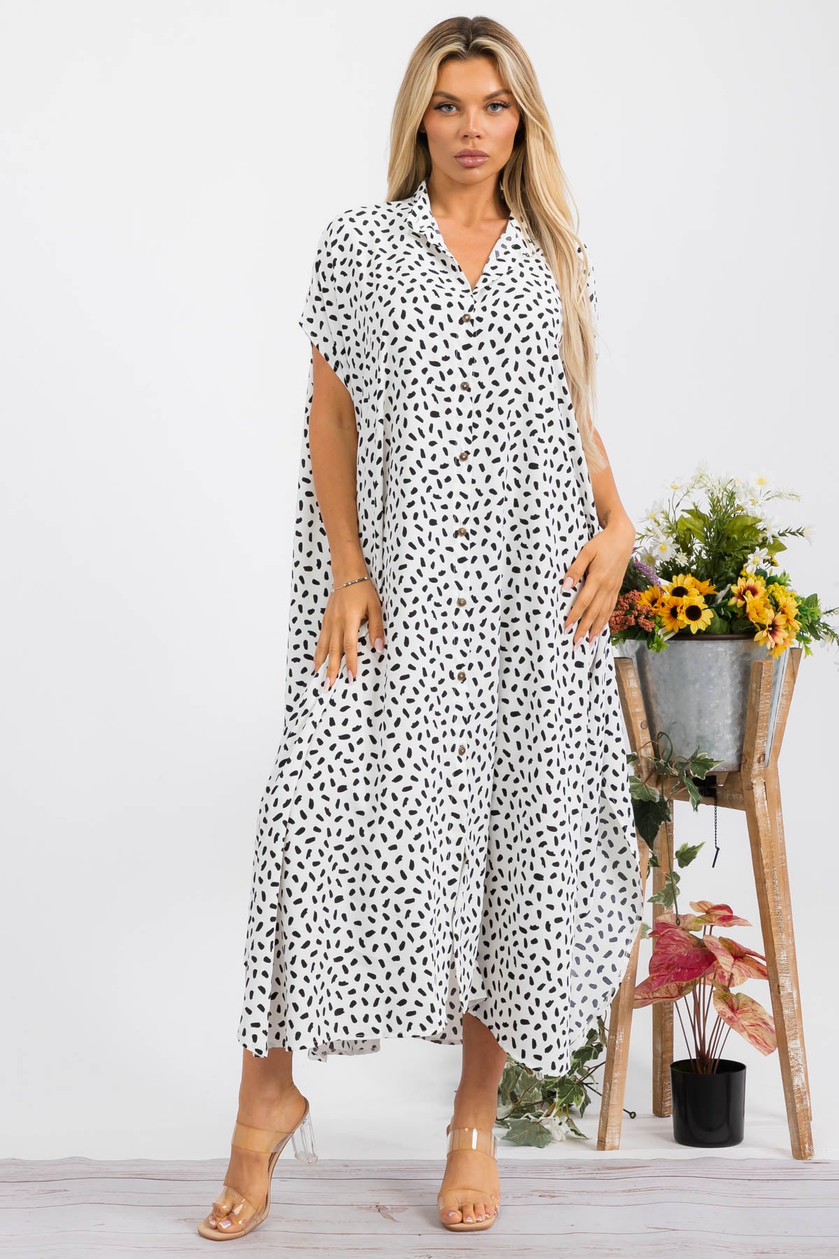 HH763R-DOTPRINT - SHORT SLEEVE MIDI BUTTON UP DRESS