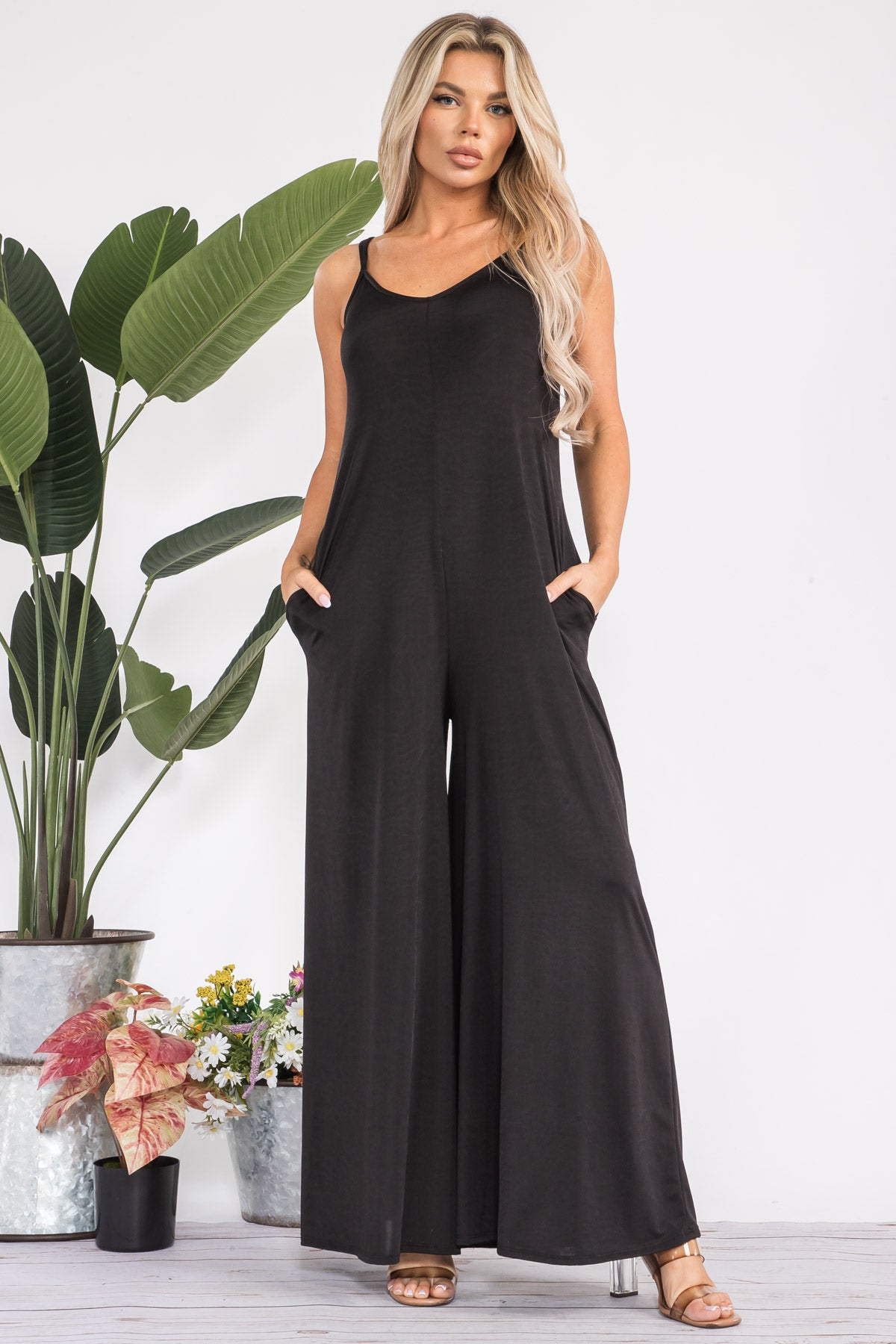 HH697R-S - SPAGHETTI STRAP WIDE LEG JUMPSUIT