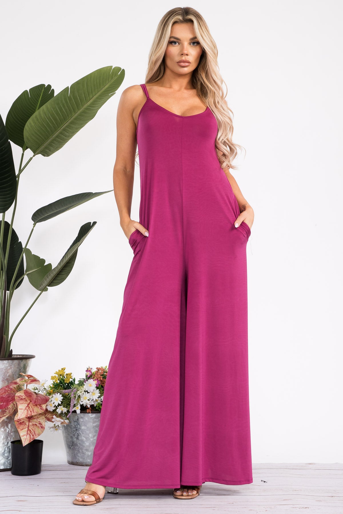 HH697R-S - SPAGHETTI STRAP WIDE LEG JUMPSUIT