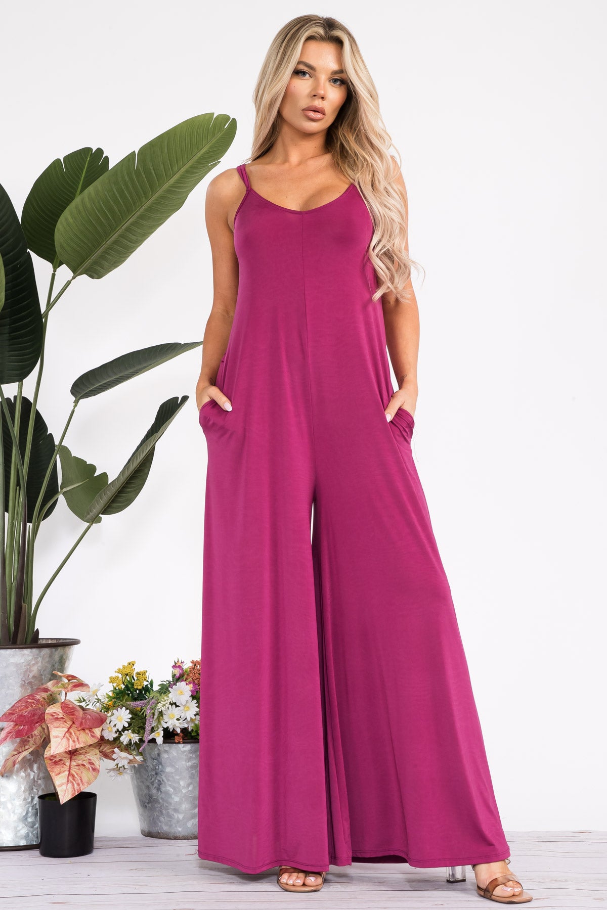 HH697R-S - SPAGHETTI STRAP WIDE LEG JUMPSUIT