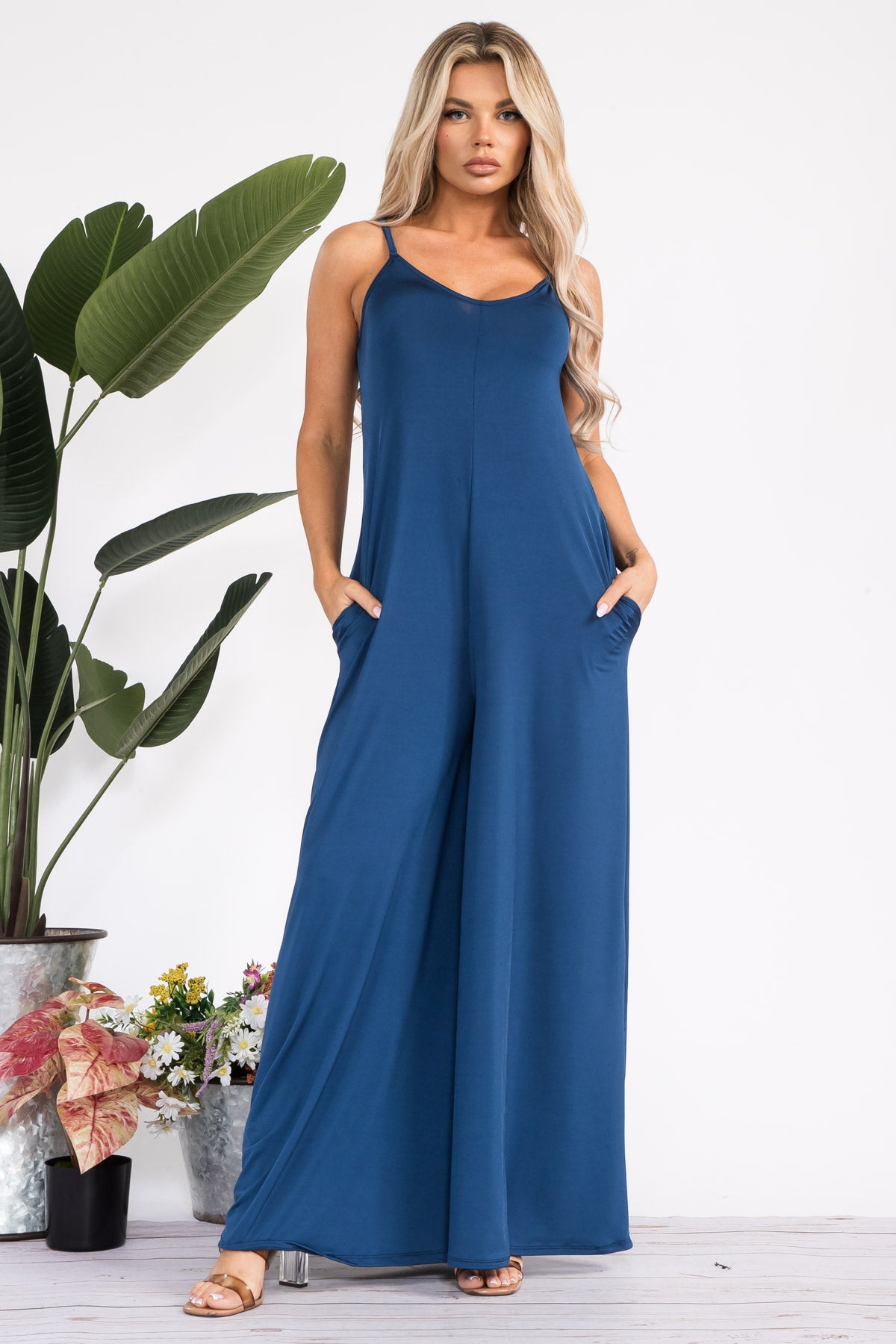 HH697R-S - SPAGHETTI STRAP WIDE LEG JUMPSUIT