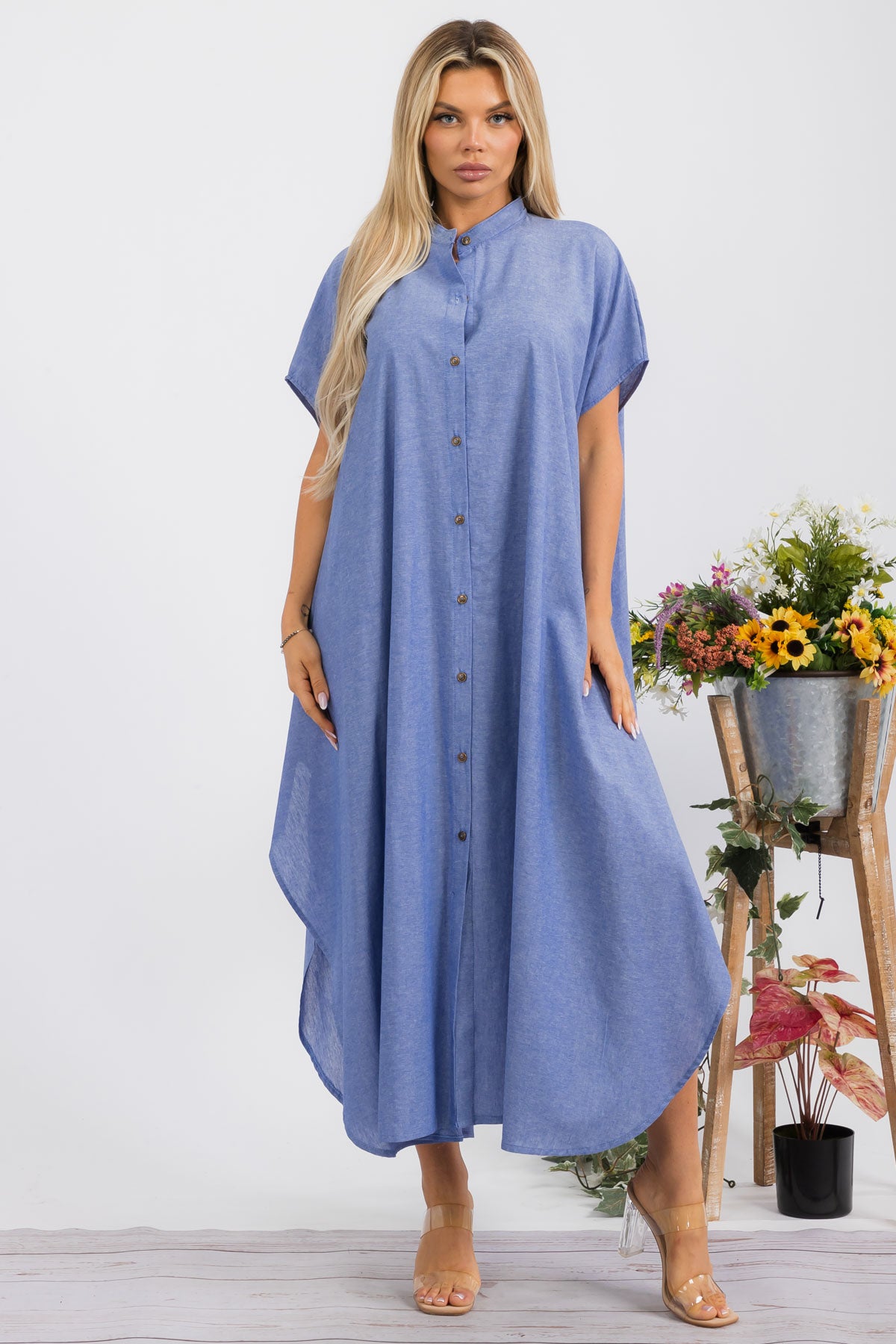 HH763X-SOLID - SHORT SLEEVE MIDI BUTTON UP DRESS