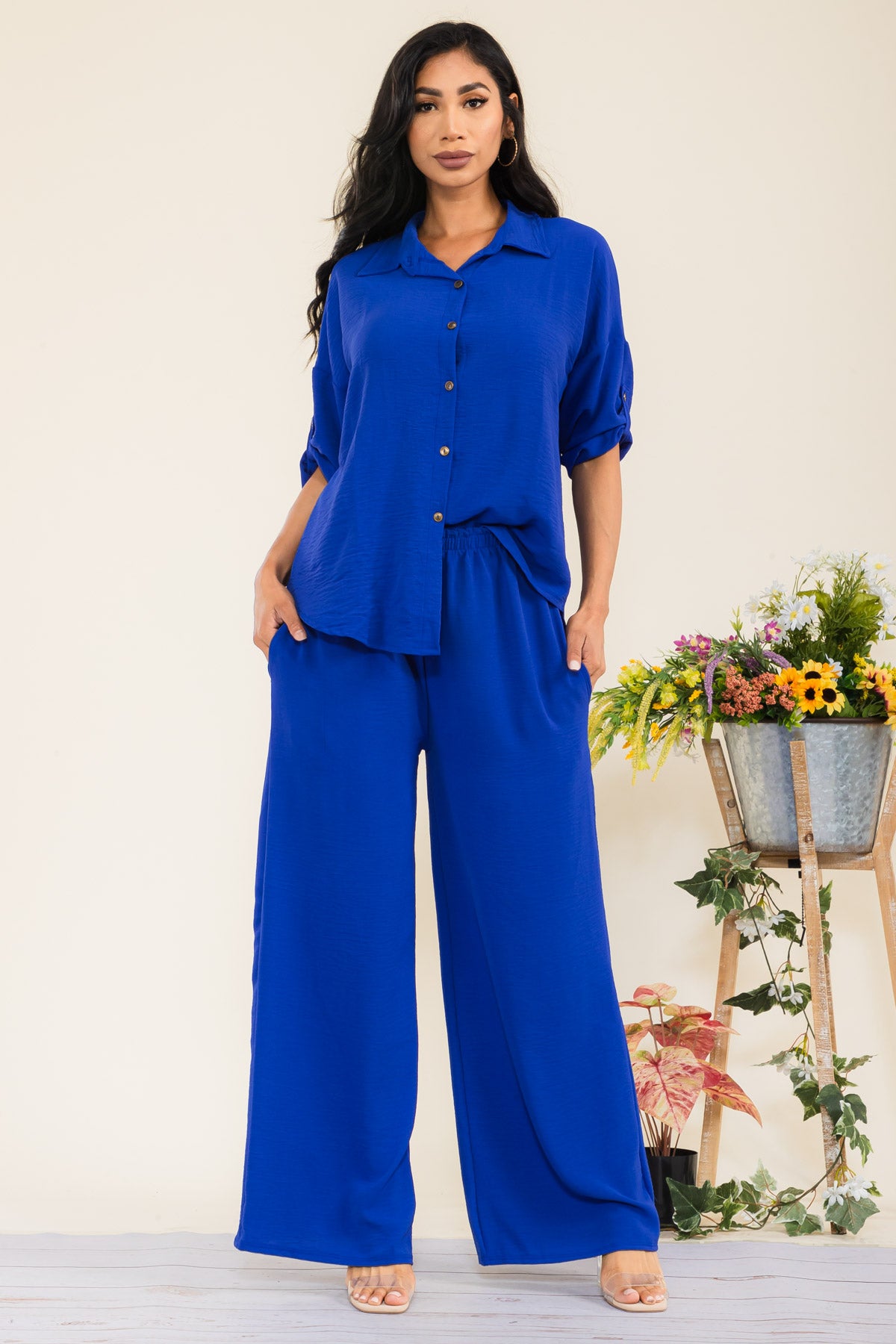 HH753-55R-S - 2PC COLLARD SHIRT AND PANT SET