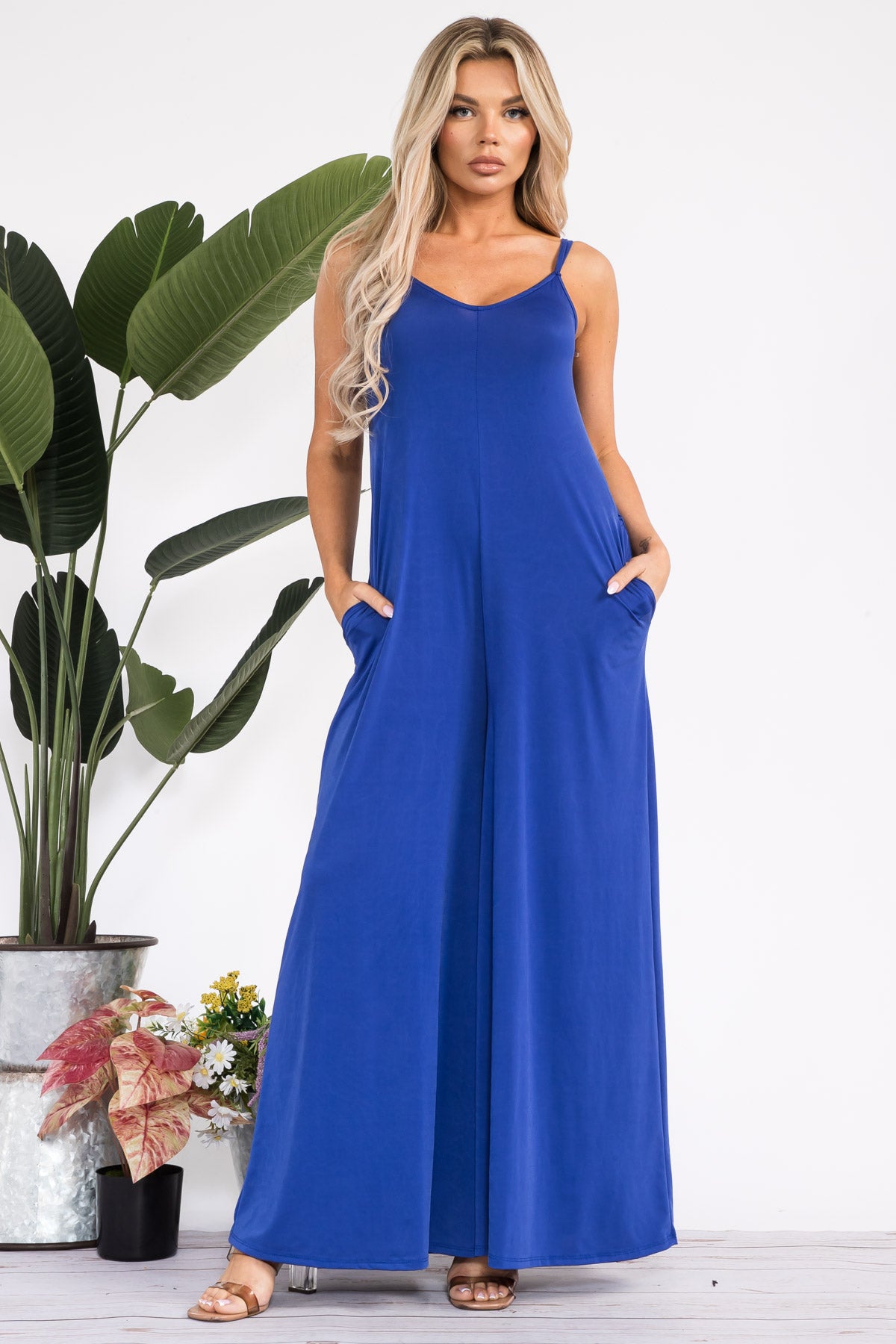 HH697R-S - SPAGHETTI STRAP WIDE LEG JUMPSUIT