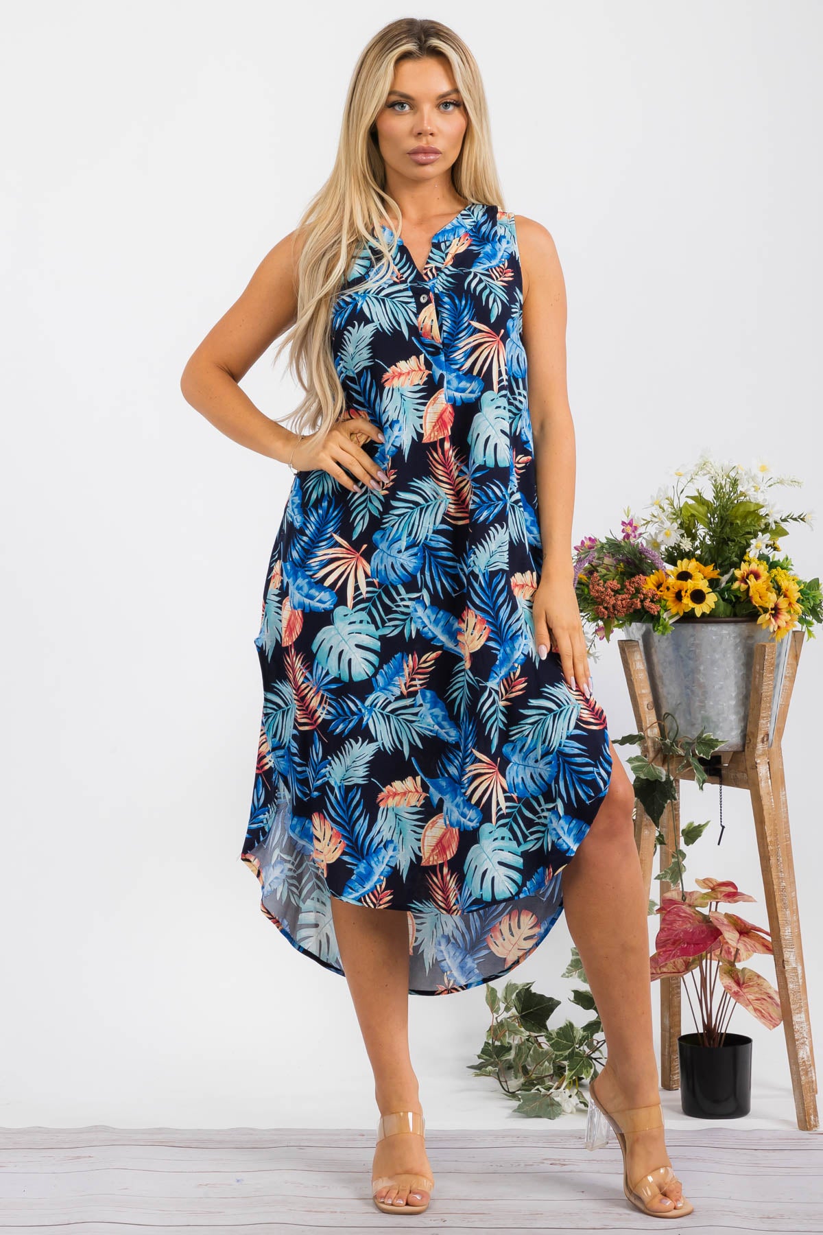 HH766R-TROPICAL - Sleeveless Midi Dress