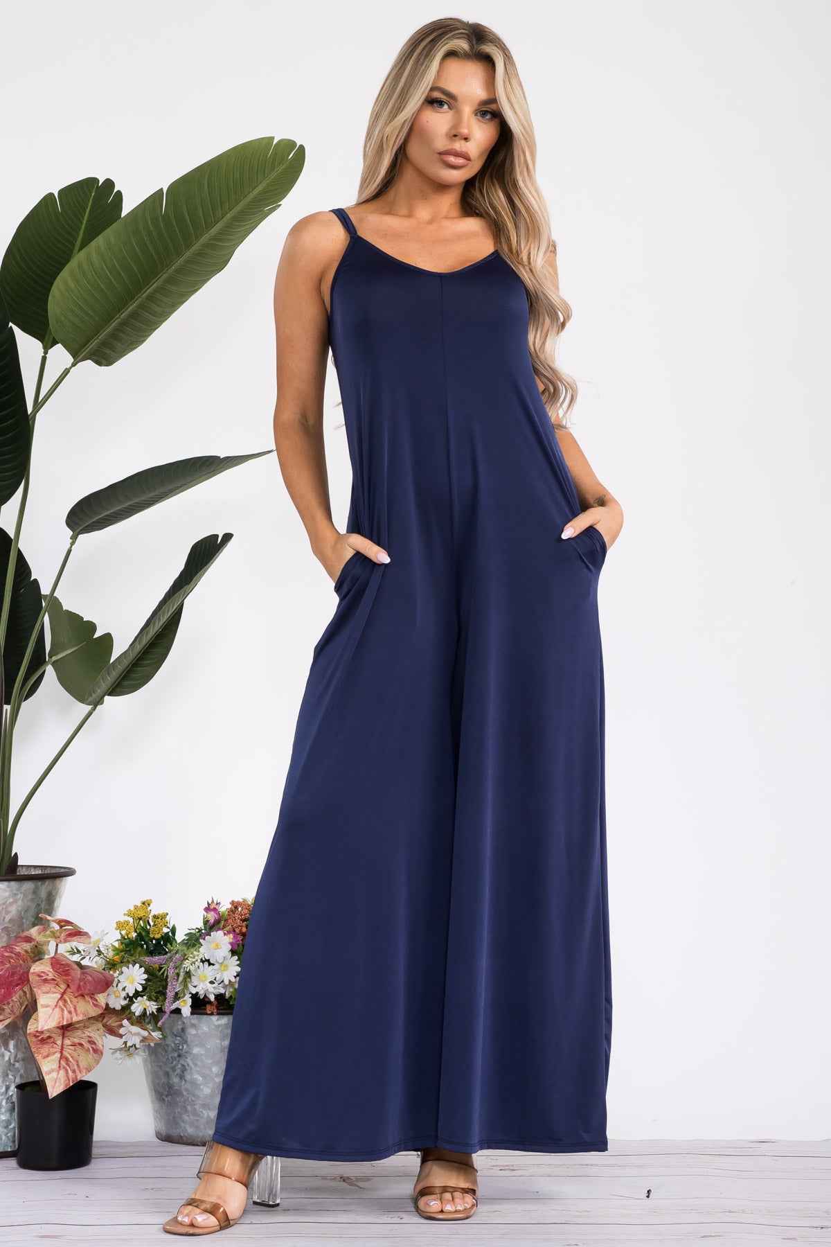 HH697R-S - SPAGHETTI STRAP WIDE LEG JUMPSUIT